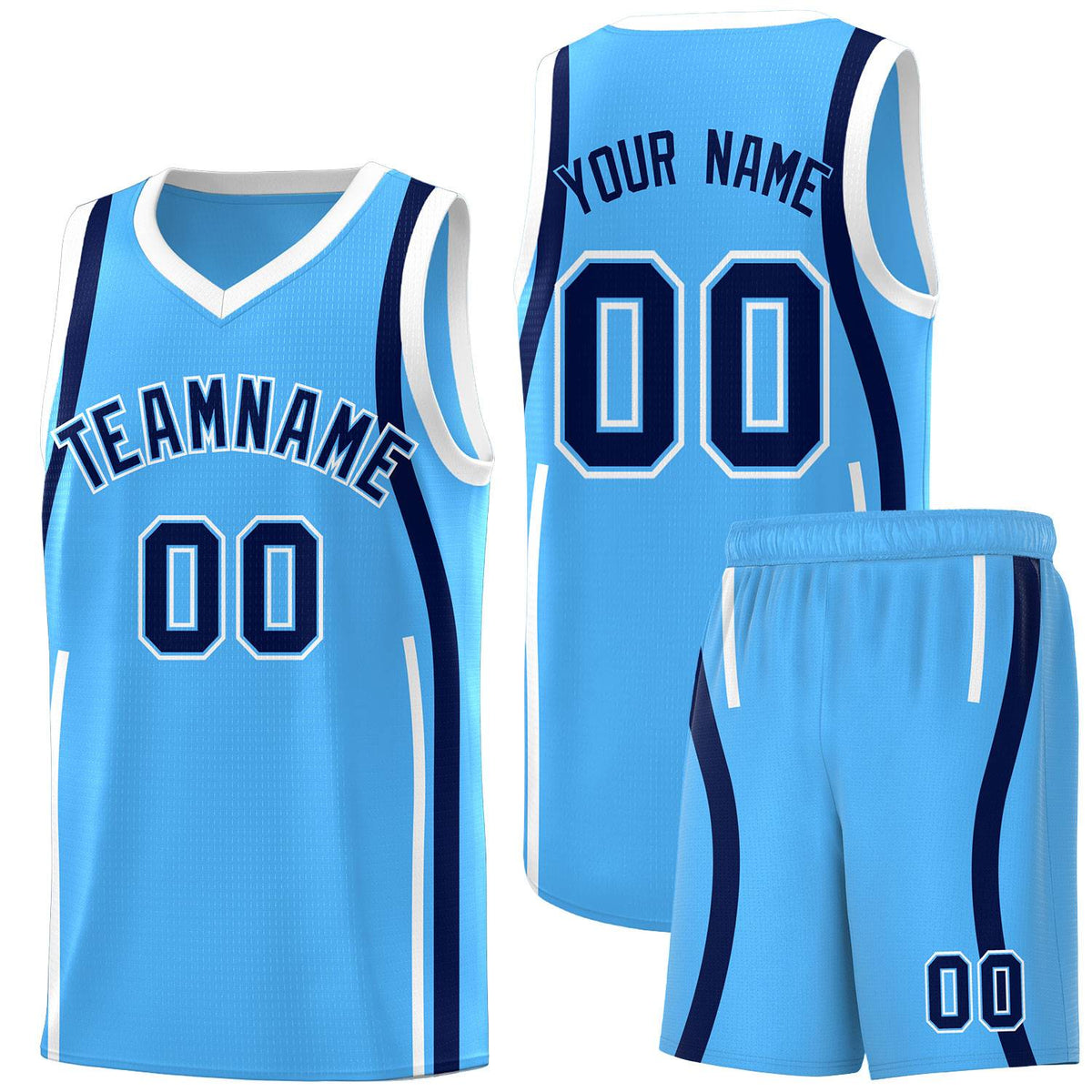 Custom Powder Blue Navy-White Ribbon Pattern Basketball Kits