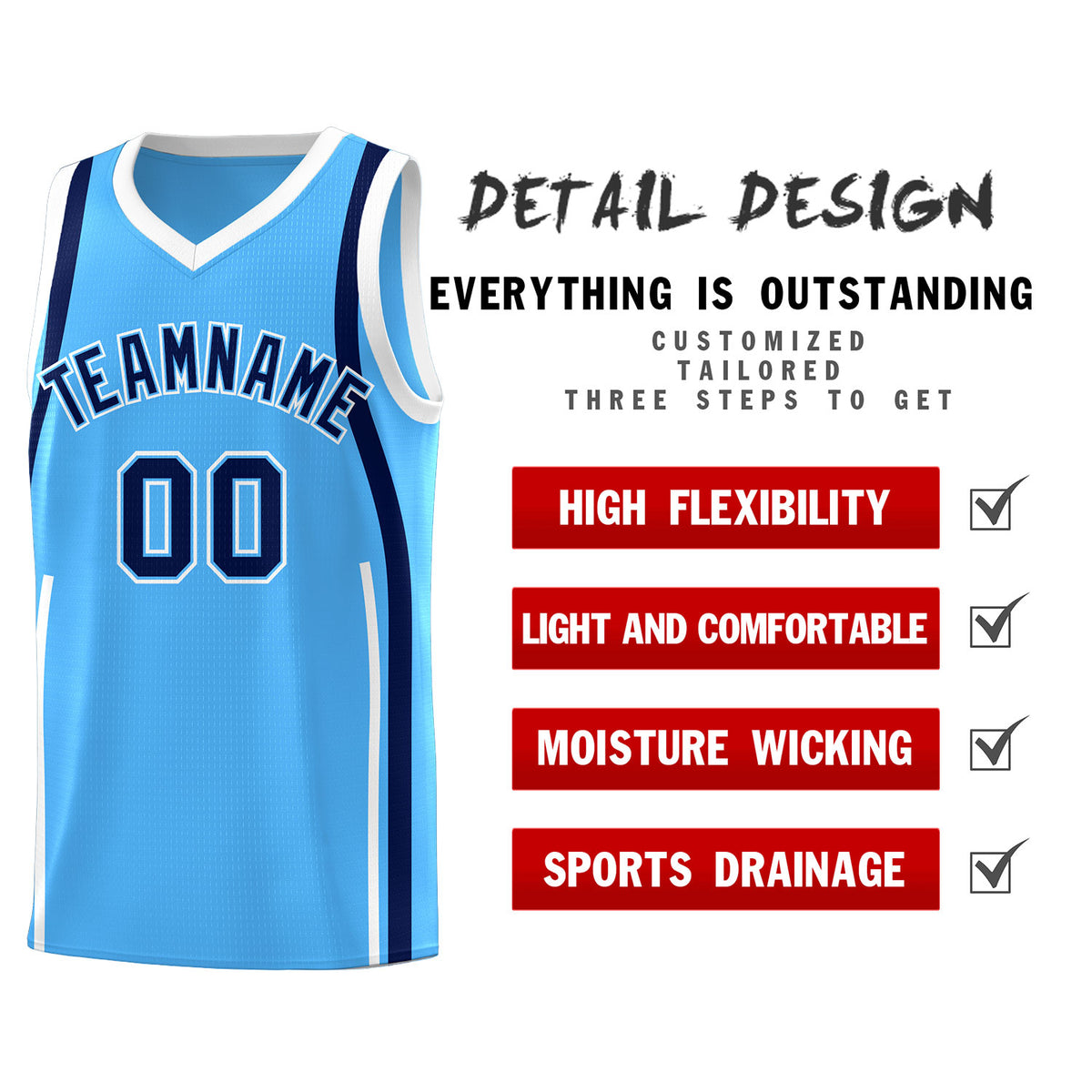 Custom Powder Blue Navy-White Ribbon Pattern Basketball Kits
