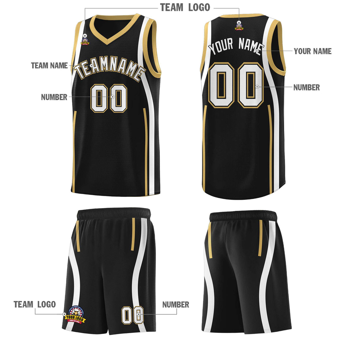 Custom Black Old Gold-White Ribbon Pattern Basketball Kits