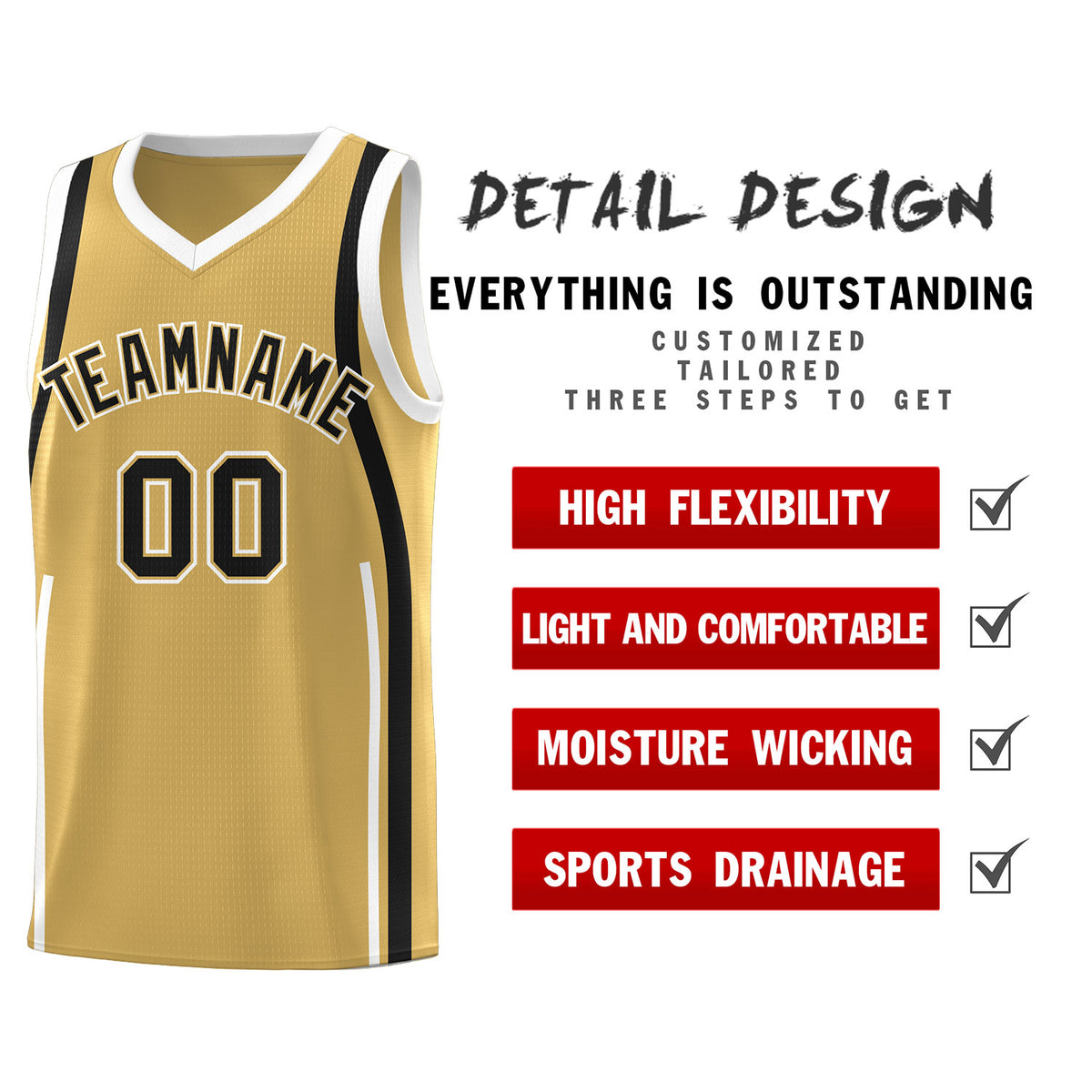 Custom Old Gold Black-White Ribbon Pattern Basketball Kits