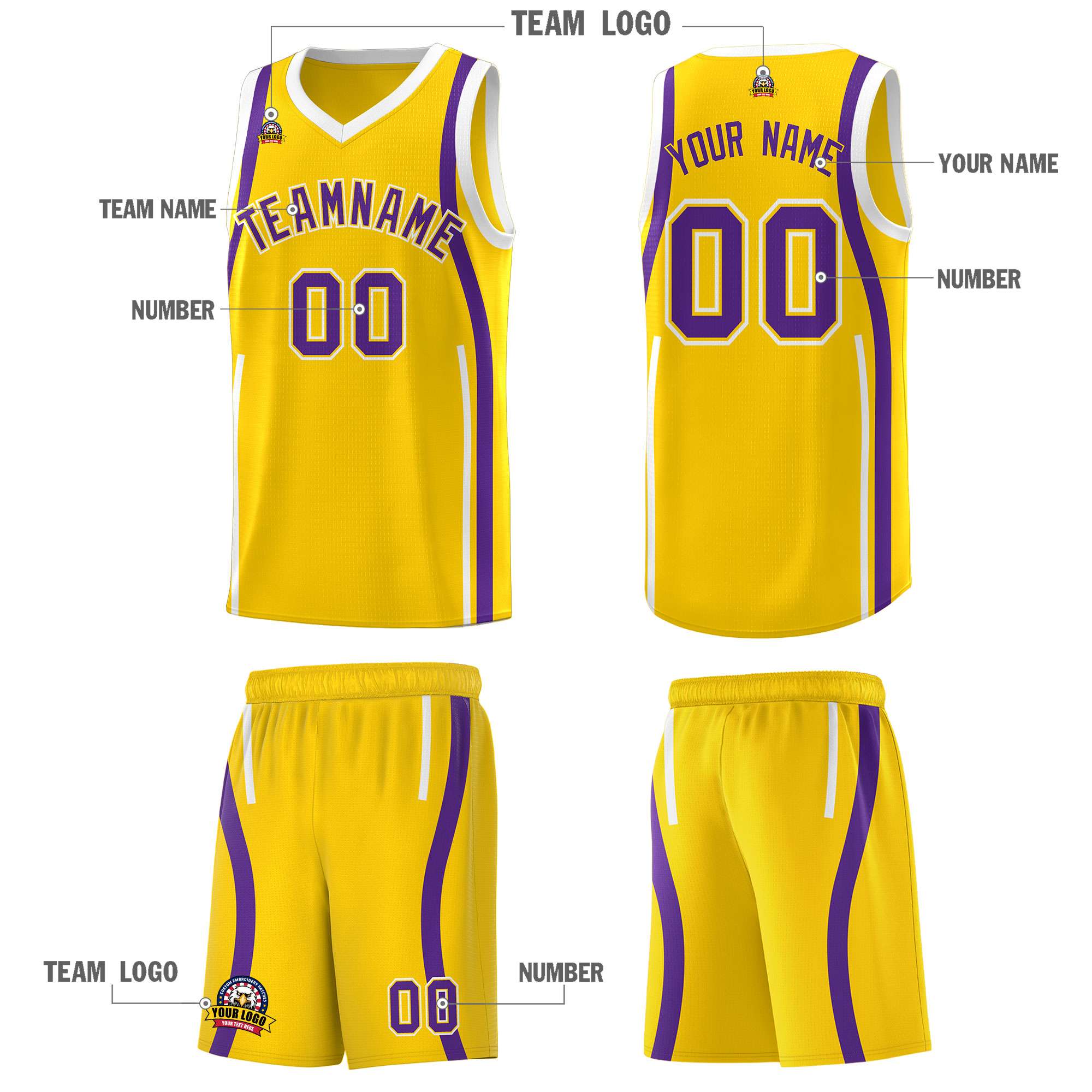 Custom Gold Purple-White Ribbon Pattern Basketball Kits