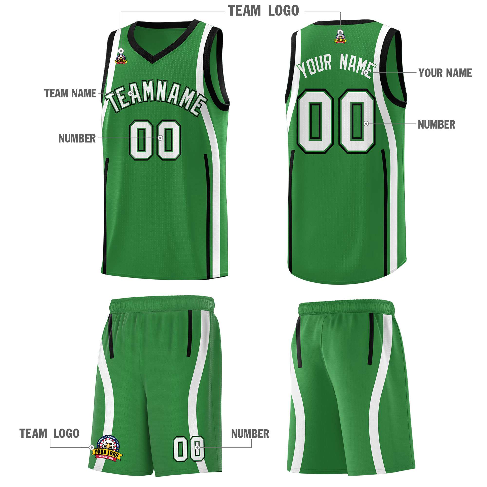 Custom Kelly Green Black-White Ribbon Pattern Basketball Kits