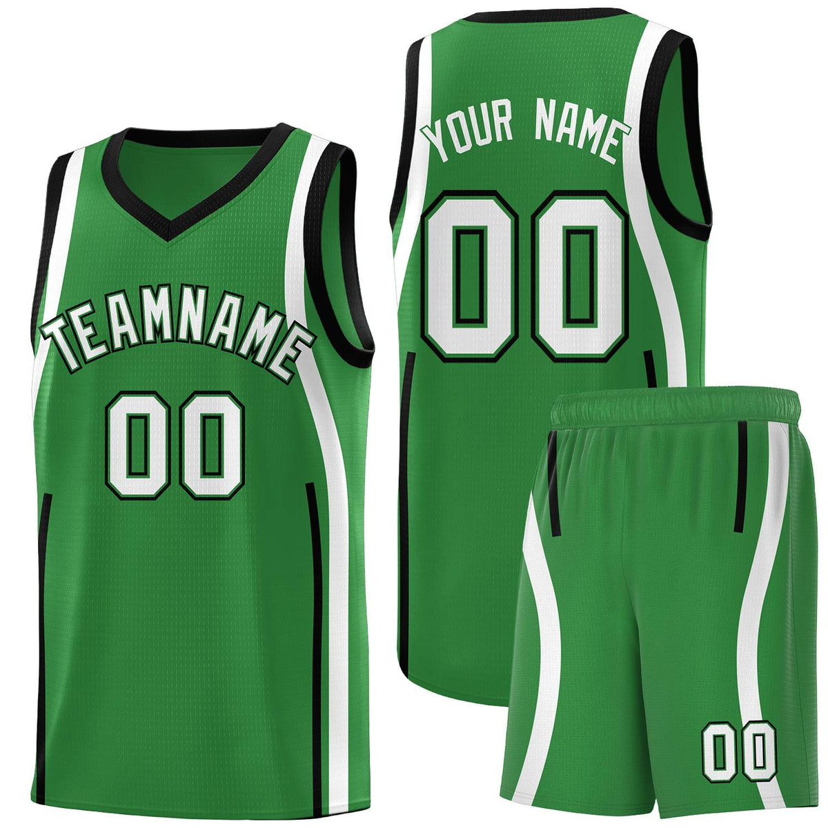 Custom Kelly Green Black-White Ribbon Pattern Basketball Kits