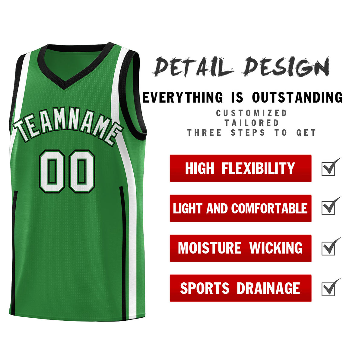 Custom Kelly Green Black-White Ribbon Pattern Basketball Kits