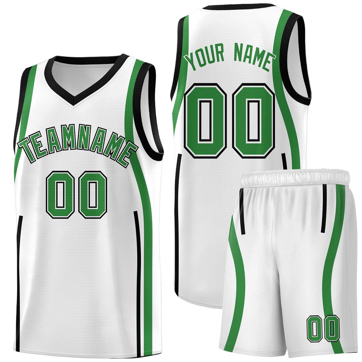 Custom White Kelly Green-White Ribbon Pattern Basketball Kits