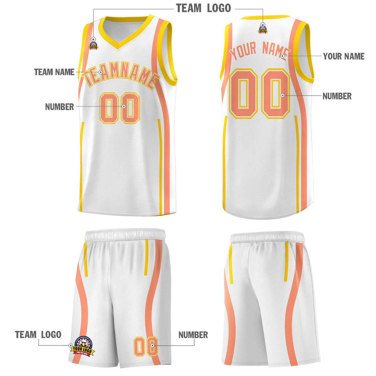 Custom White Light Orange-Gold Ribbon Pattern Basketball Kits