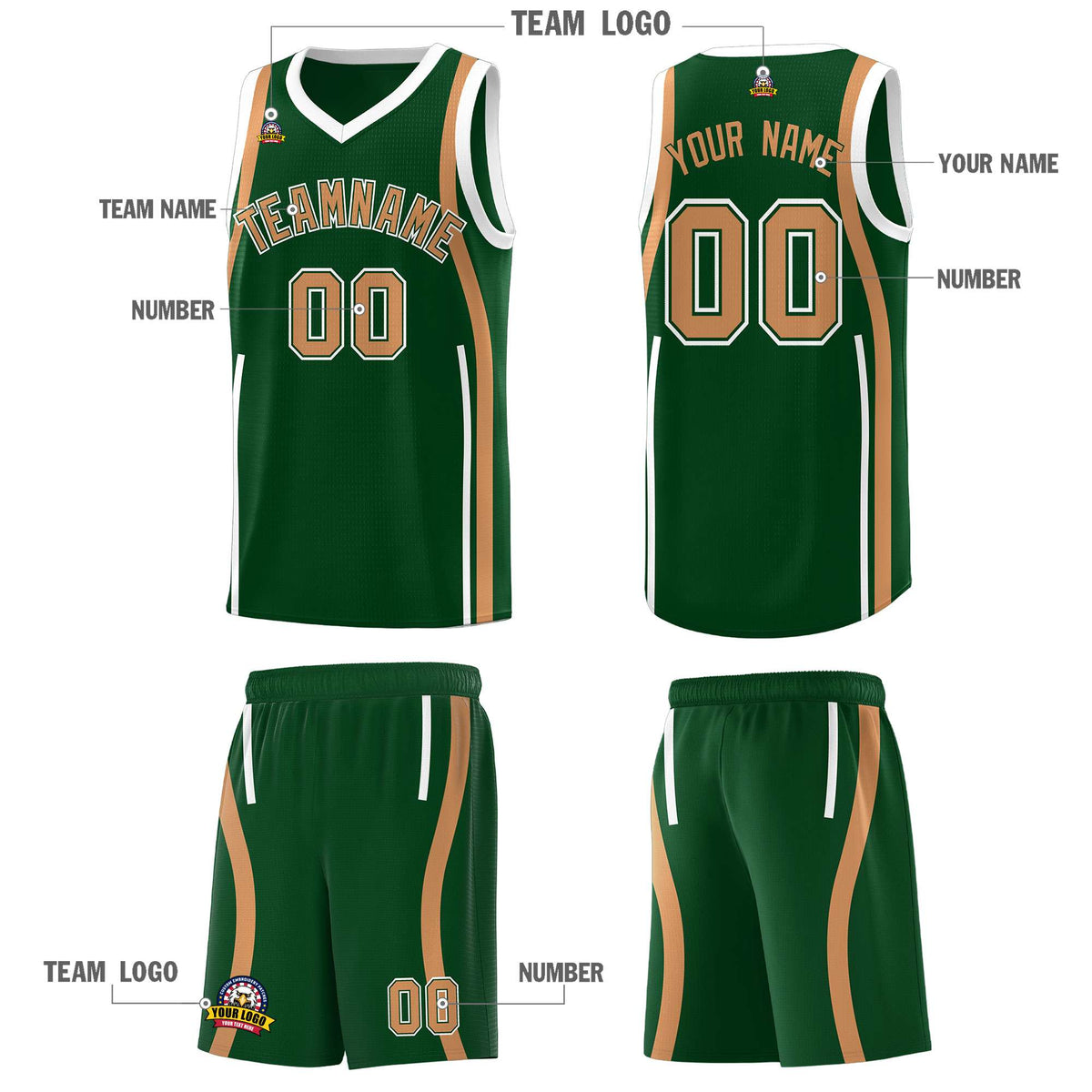 Custom Green Buckskin Brown-White Ribbon Pattern Basketball Kits