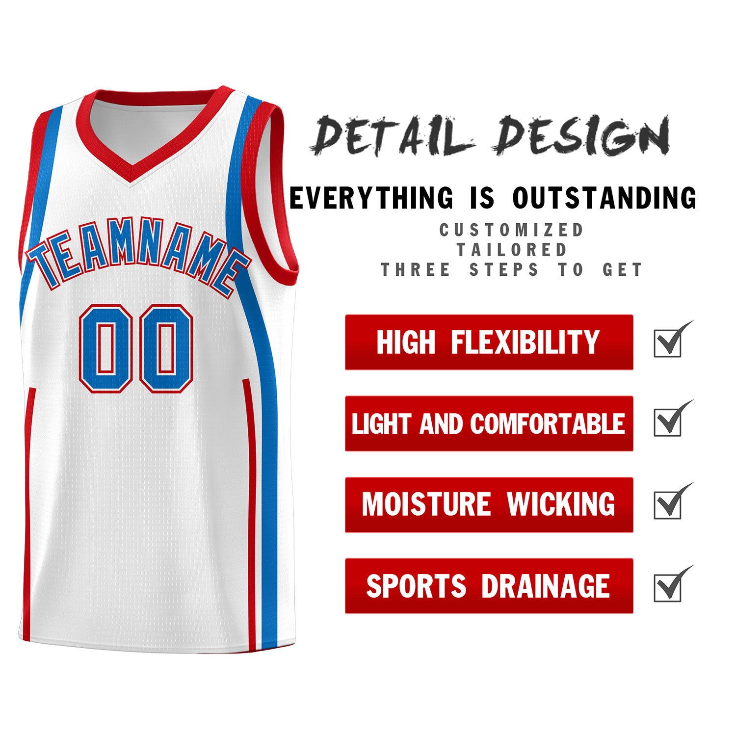 Custom White Royal-Red Ribbon Pattern Basketball Kits