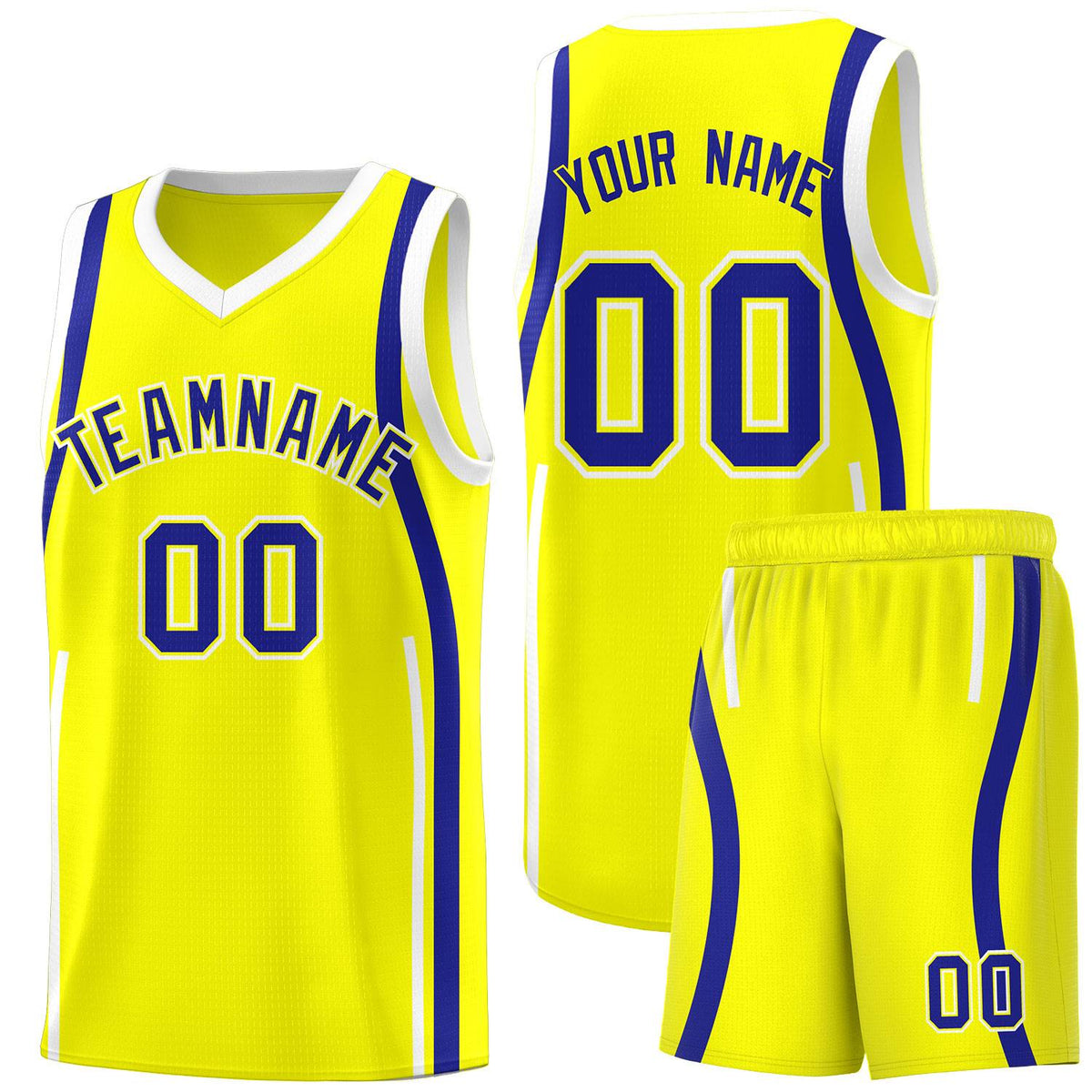 Custom Fluorescent Yellow Royal-White Ribbon Pattern Basketball Kits