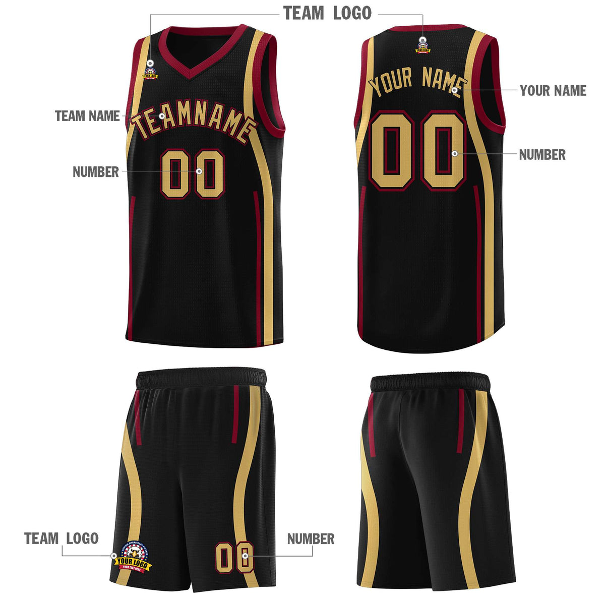 Custom Black Crimson-Old Gold Ribbon Pattern Basketball Kits