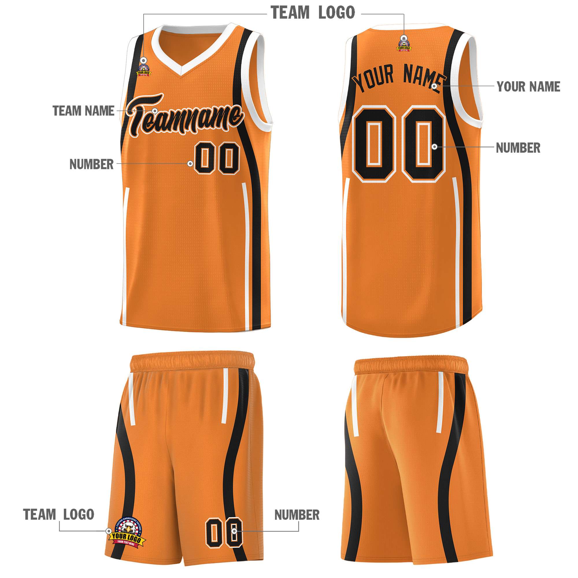 Custom Gold Orange Black-White Ribbon Pattern Basketball Kits