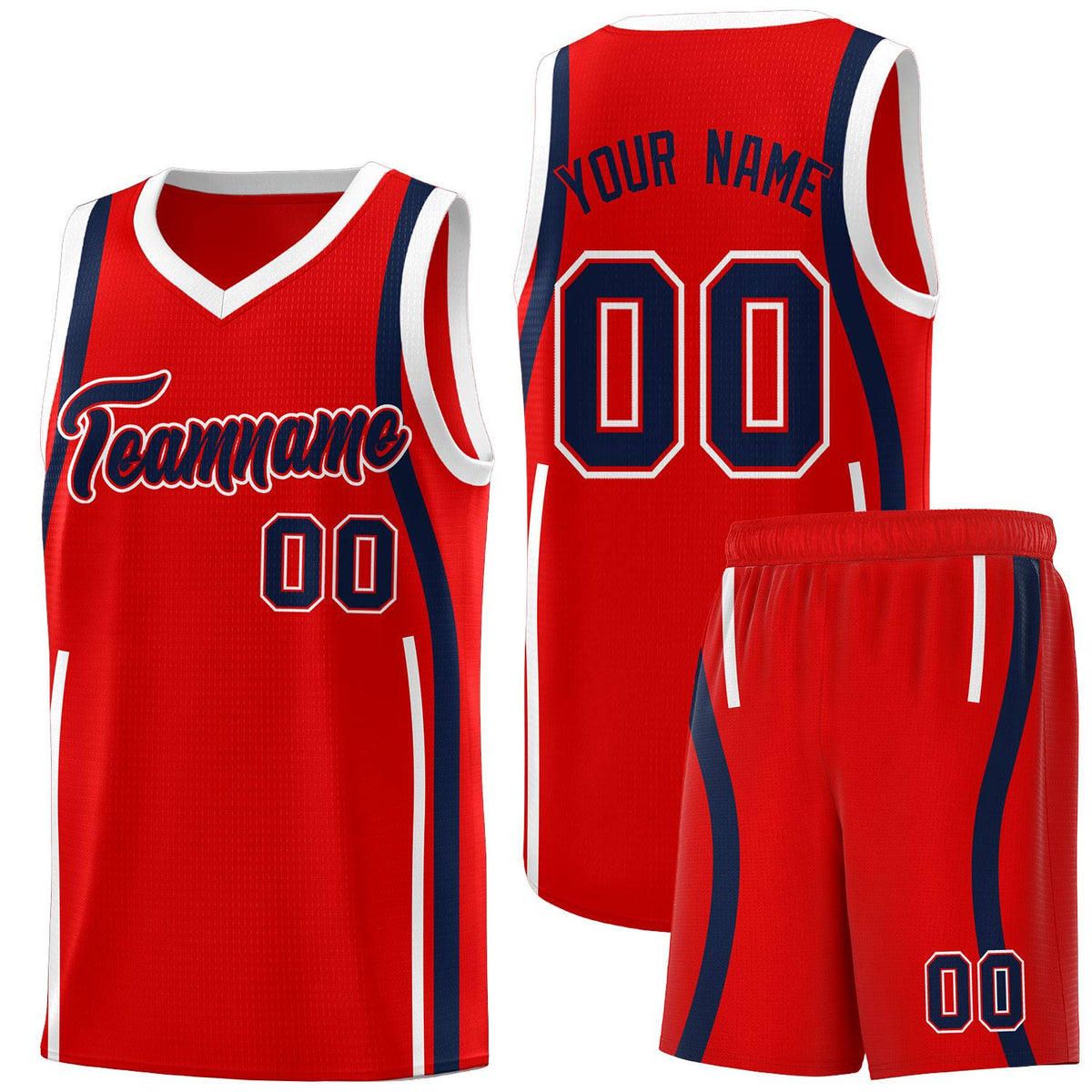 Custom Red Navy-White Ribbon Pattern Basketball Kits