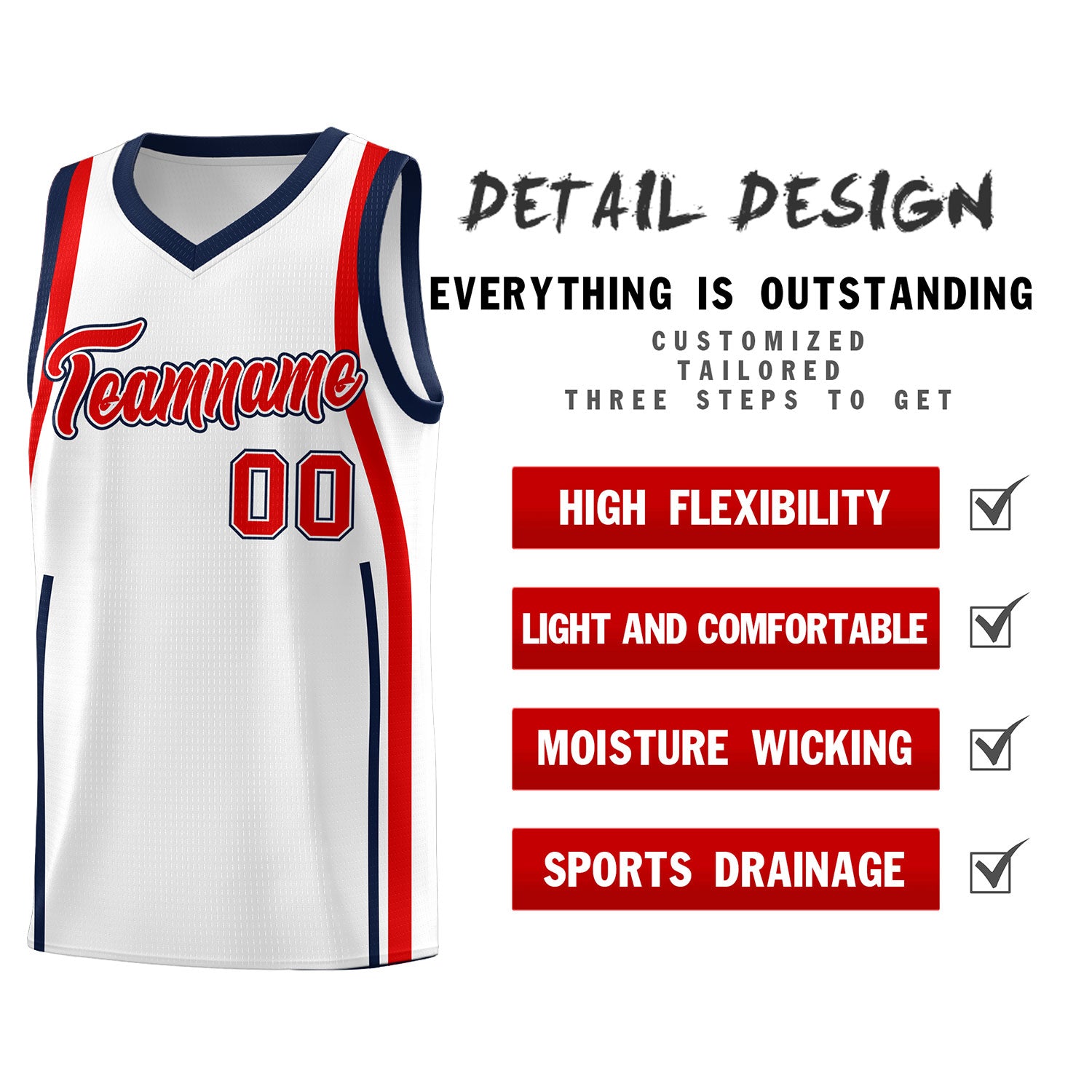 Custom White Navy-Red Ribbon Pattern Basketball Kits