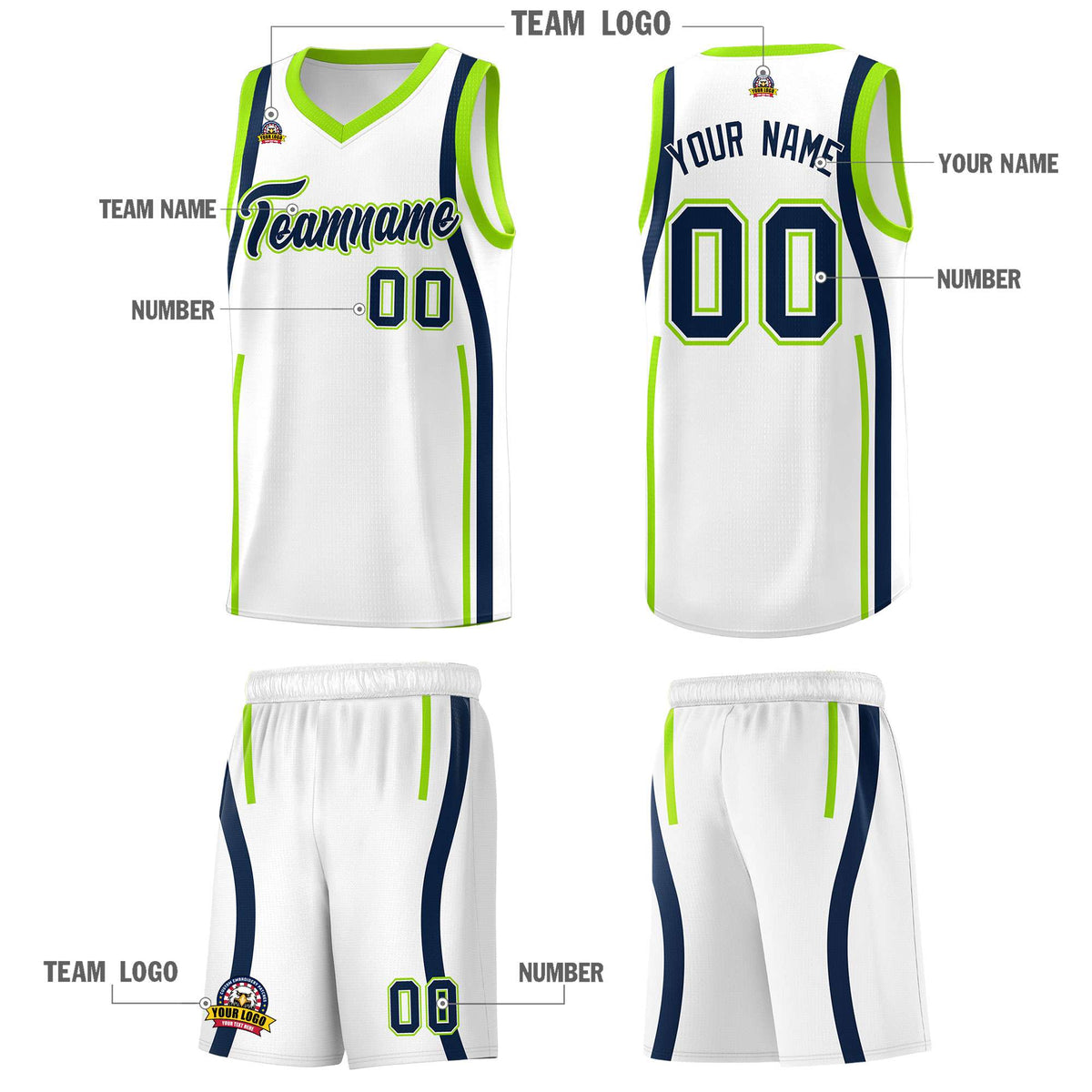 Custom White Fluorescent Green-Navy Ribbon Pattern Basketball Kits