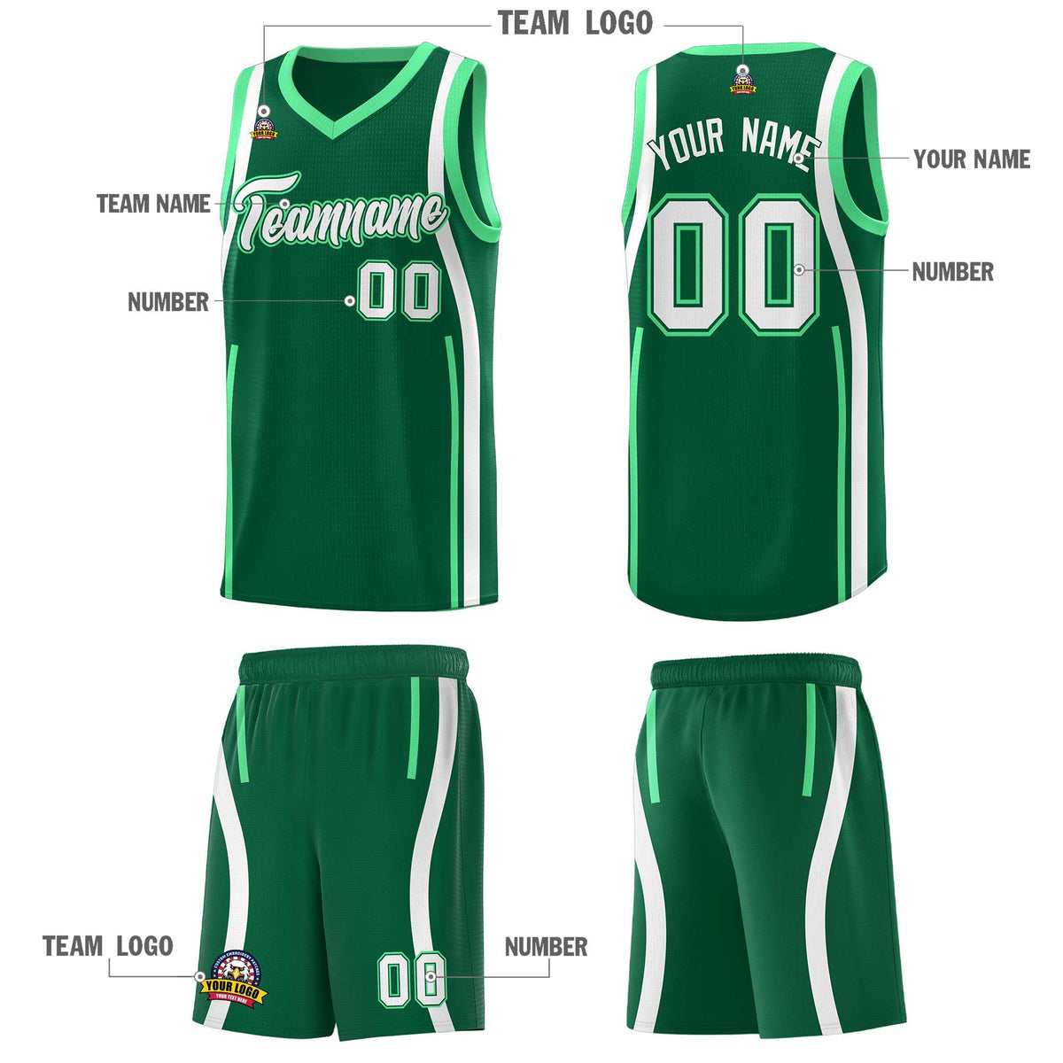 Custom Kelly Green Green-White Ribbon Pattern Basketball Kits