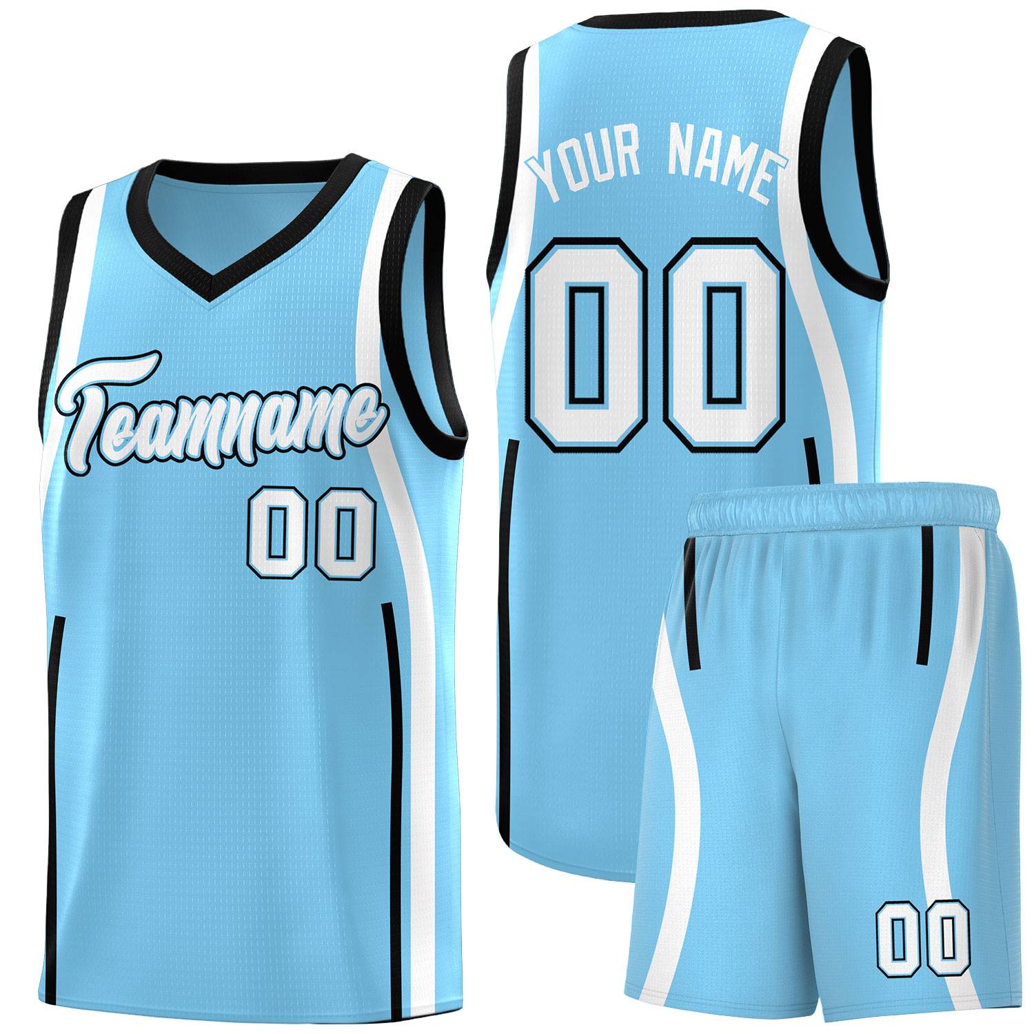 Custom Light Blue Black-White Ribbon Pattern Basketball Kits