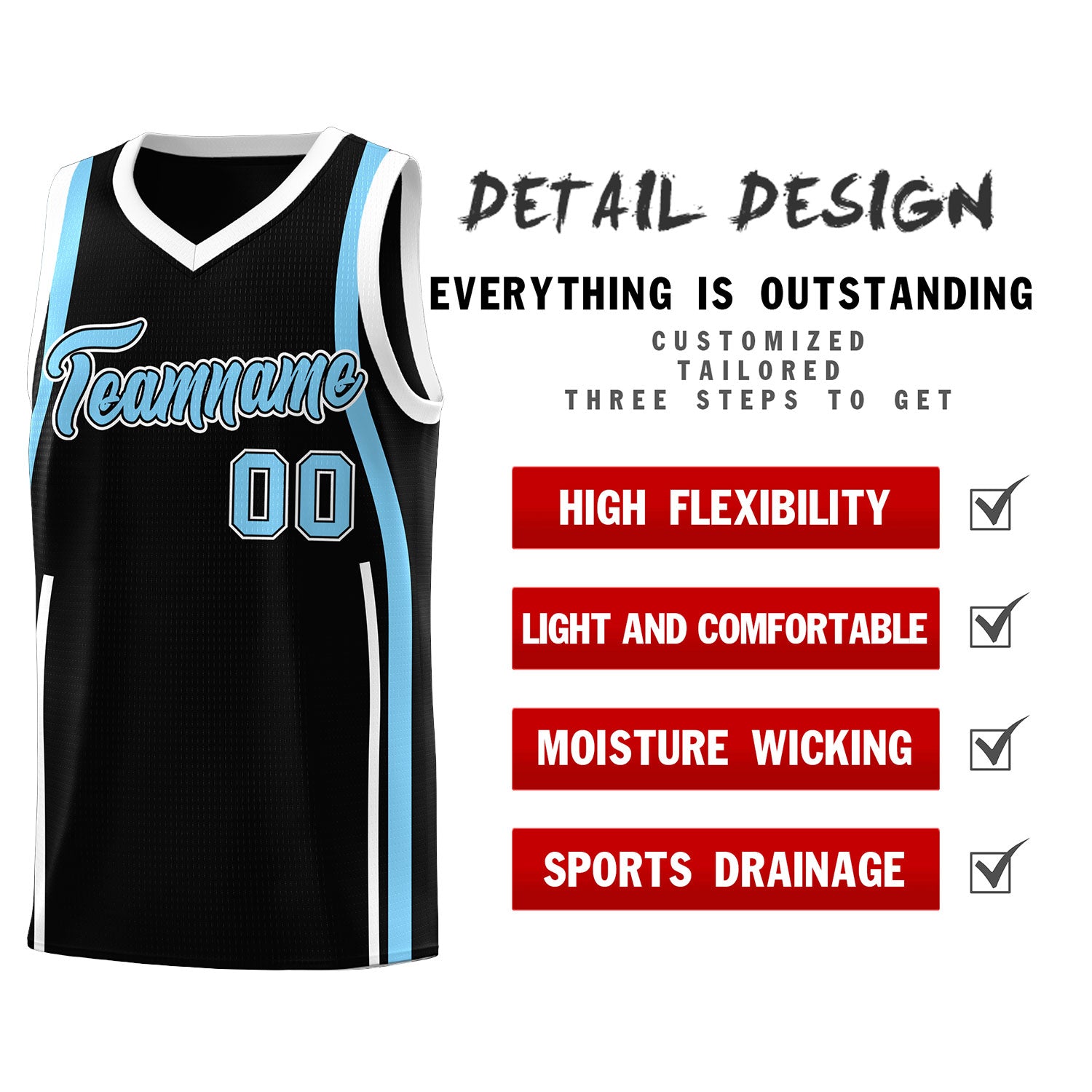 Custom Black Light Blue-White Ribbon Pattern Basketball Kits