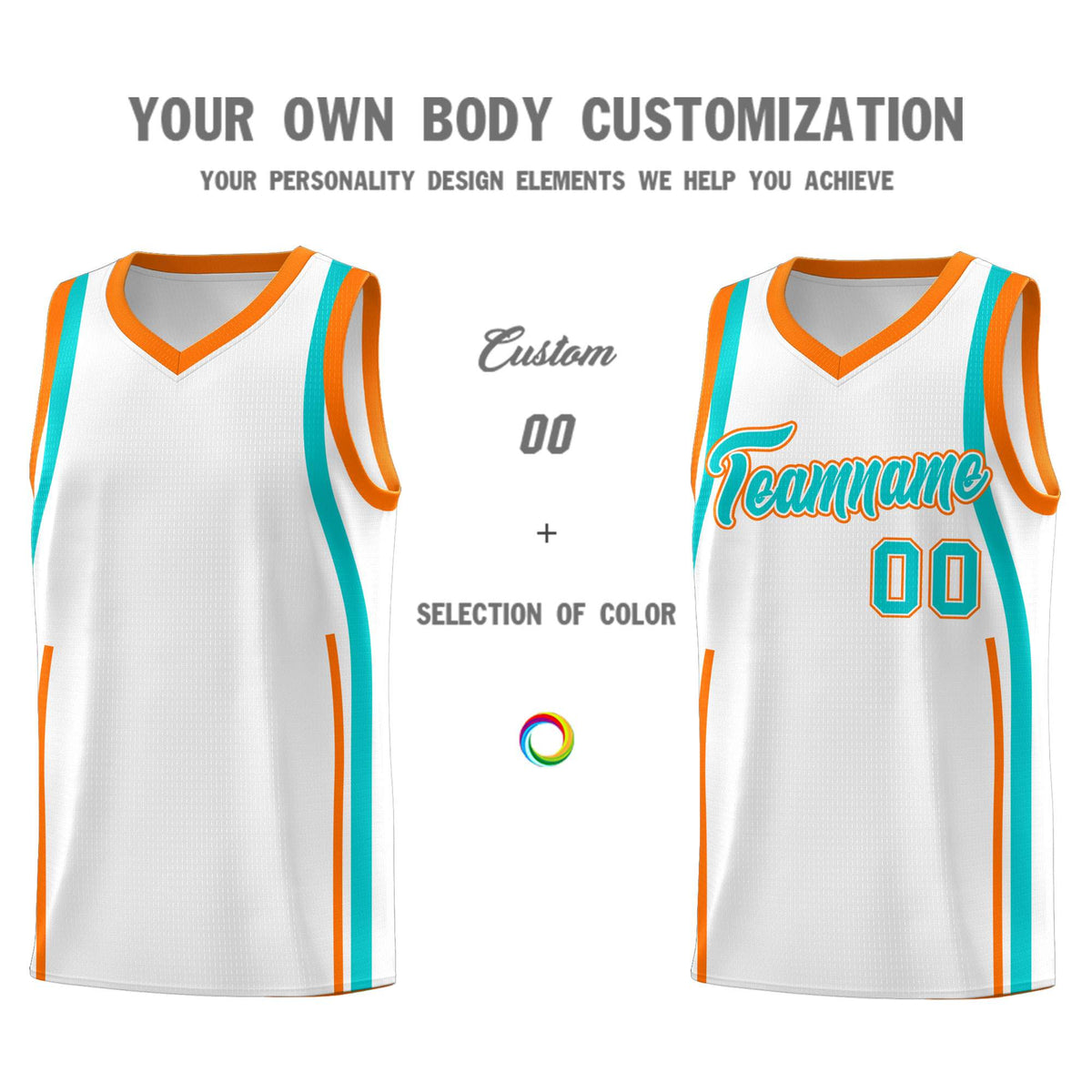 Custom White Aqua-Orange Ribbon Pattern Basketball Kits