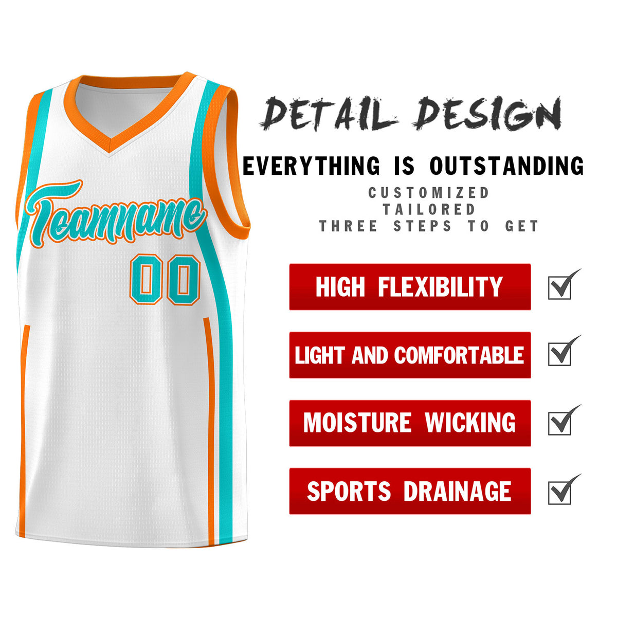 Custom White Aqua-Orange Ribbon Pattern Basketball Kits