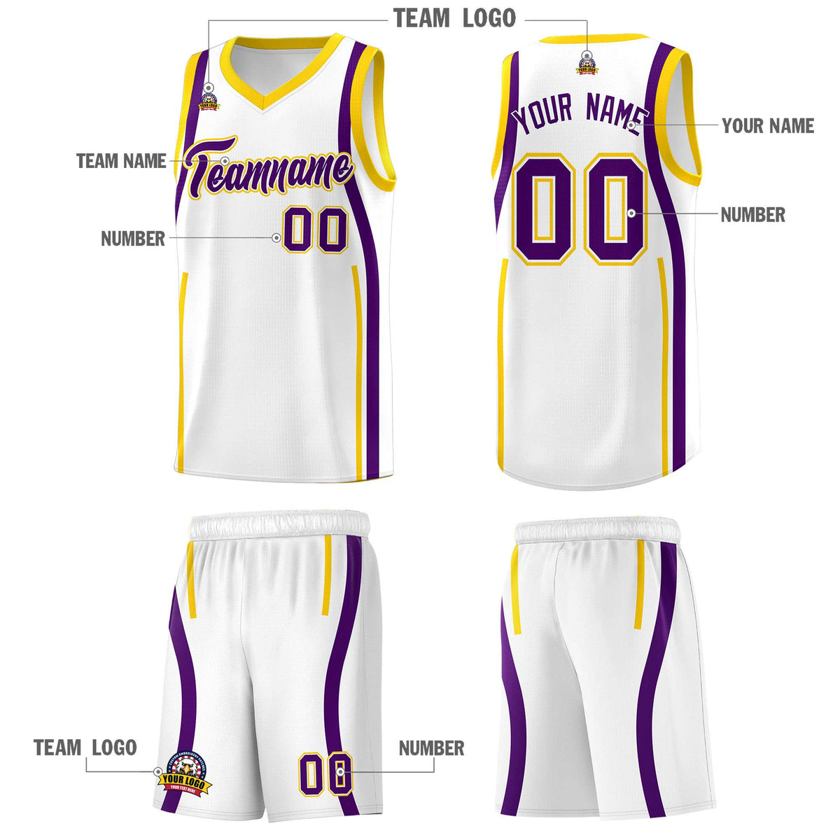 Custom White Purple-Gold Ribbon Pattern Basketball Kits