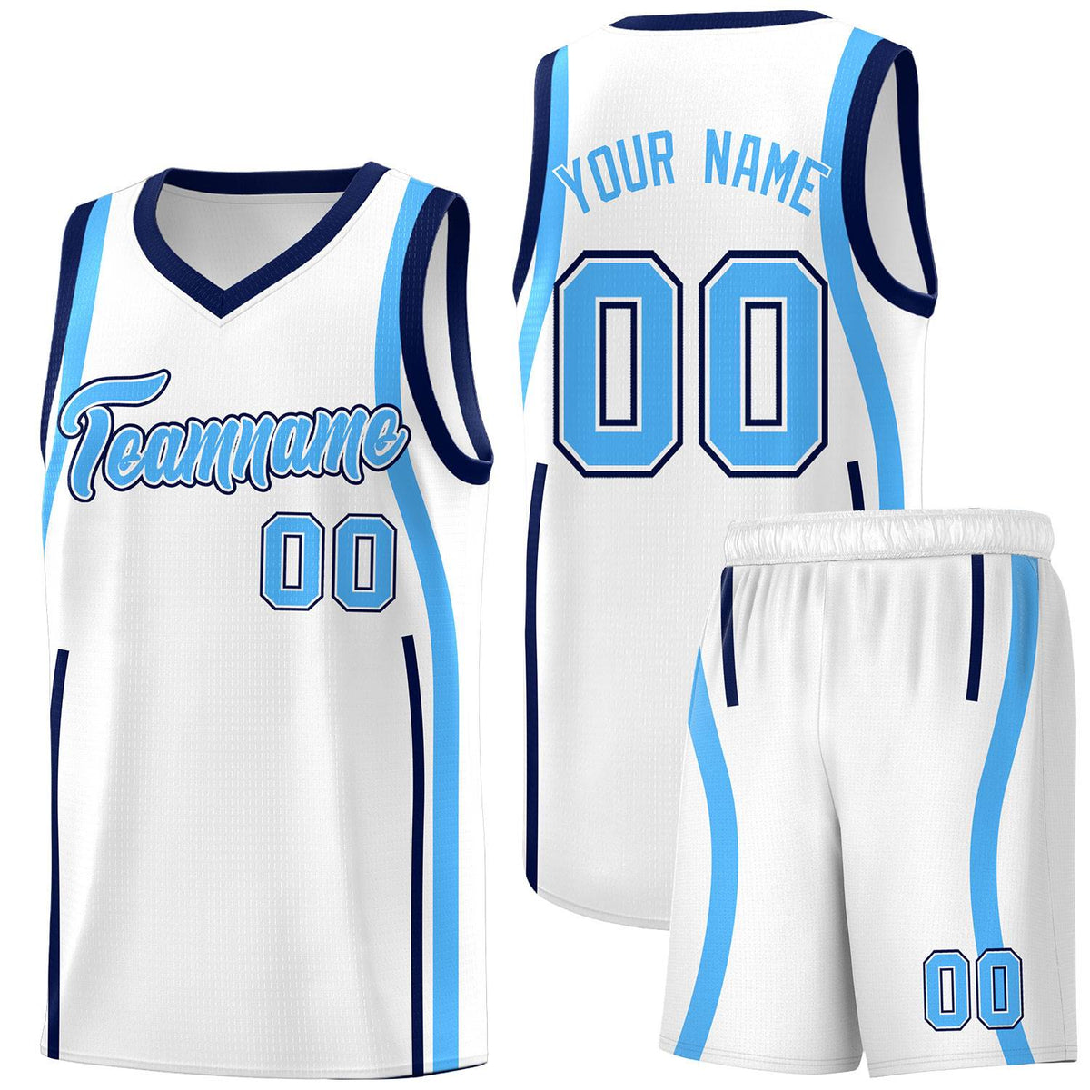 Custom White Powder Blue-Navy Ribbon Pattern Basketball Kits