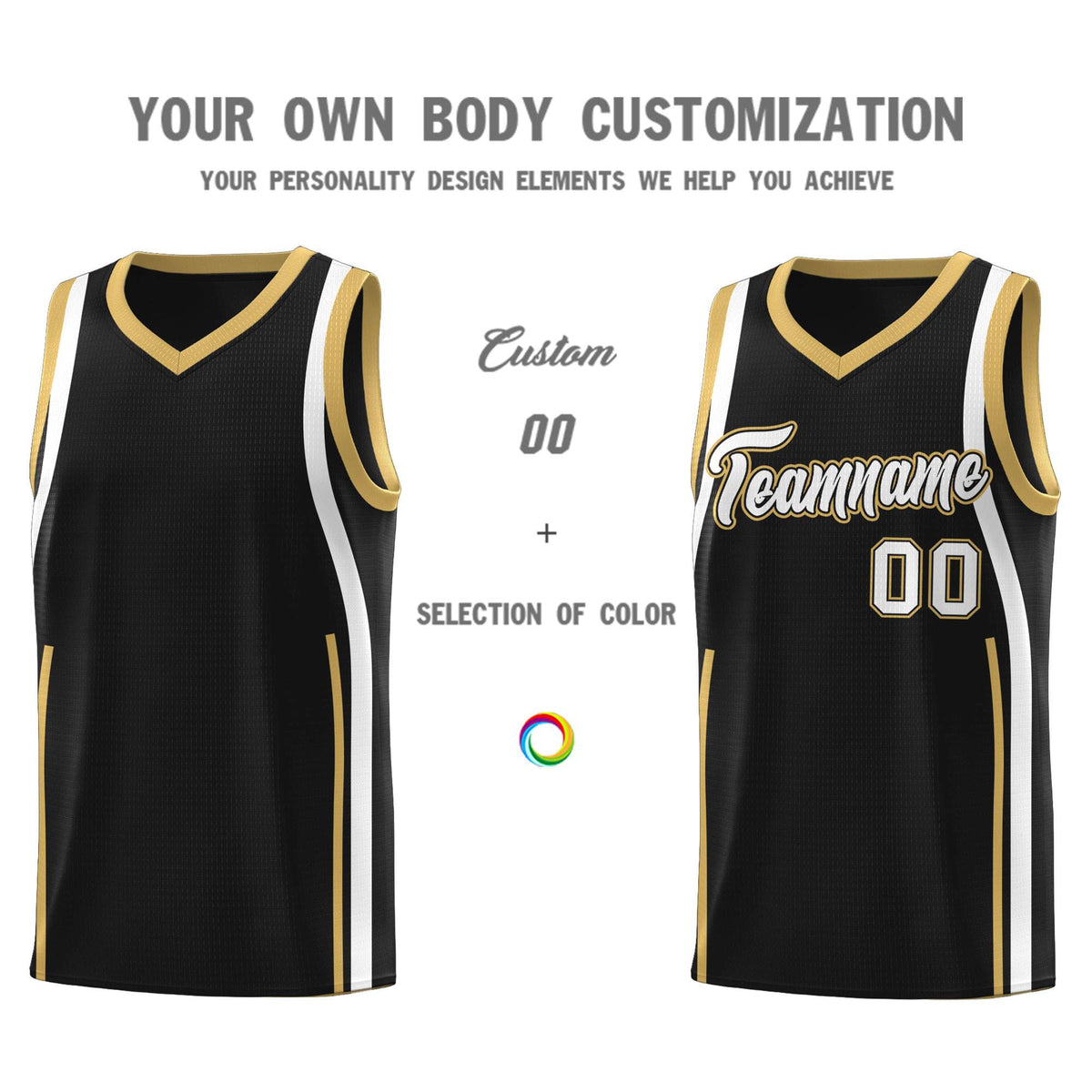 Custom Black Old Gold-White Ribbon Pattern Basketball Kits