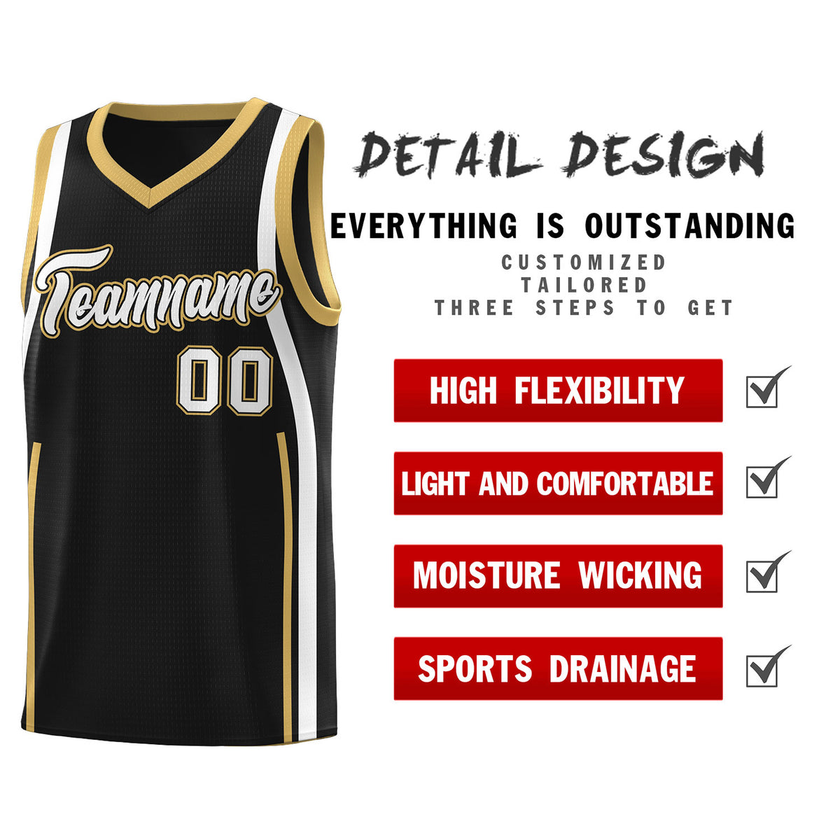 Custom Black Old Gold-White Ribbon Pattern Basketball Kits