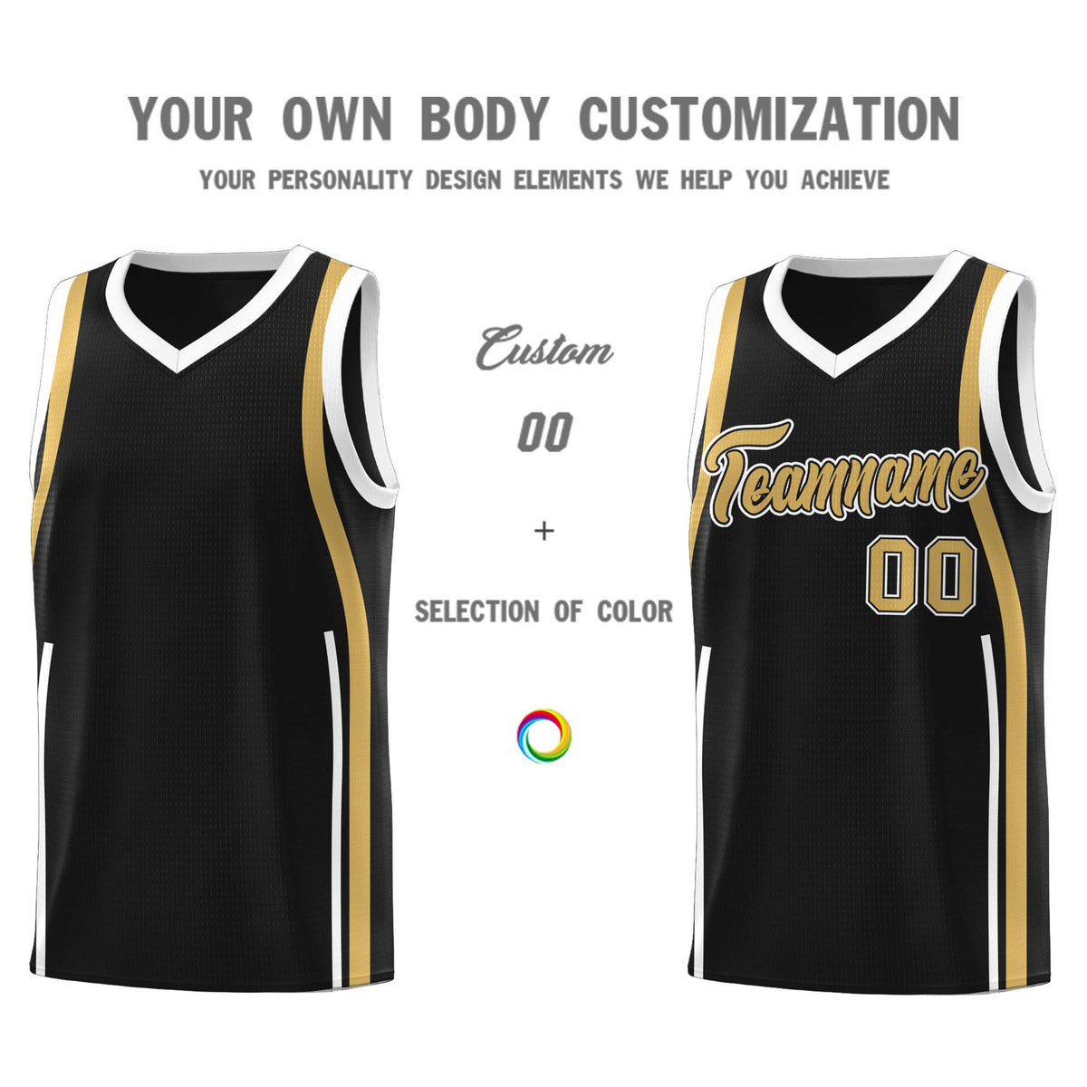 Custom Black Old Gold-White Ribbon Pattern Basketball Kits