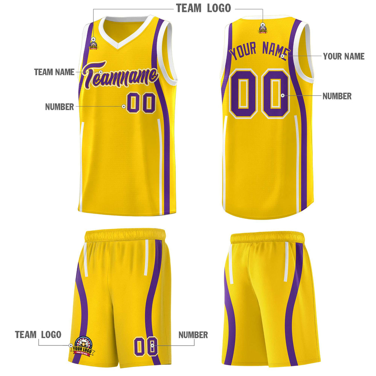 Custom Gold Purple-White Ribbon Pattern Basketball Kits