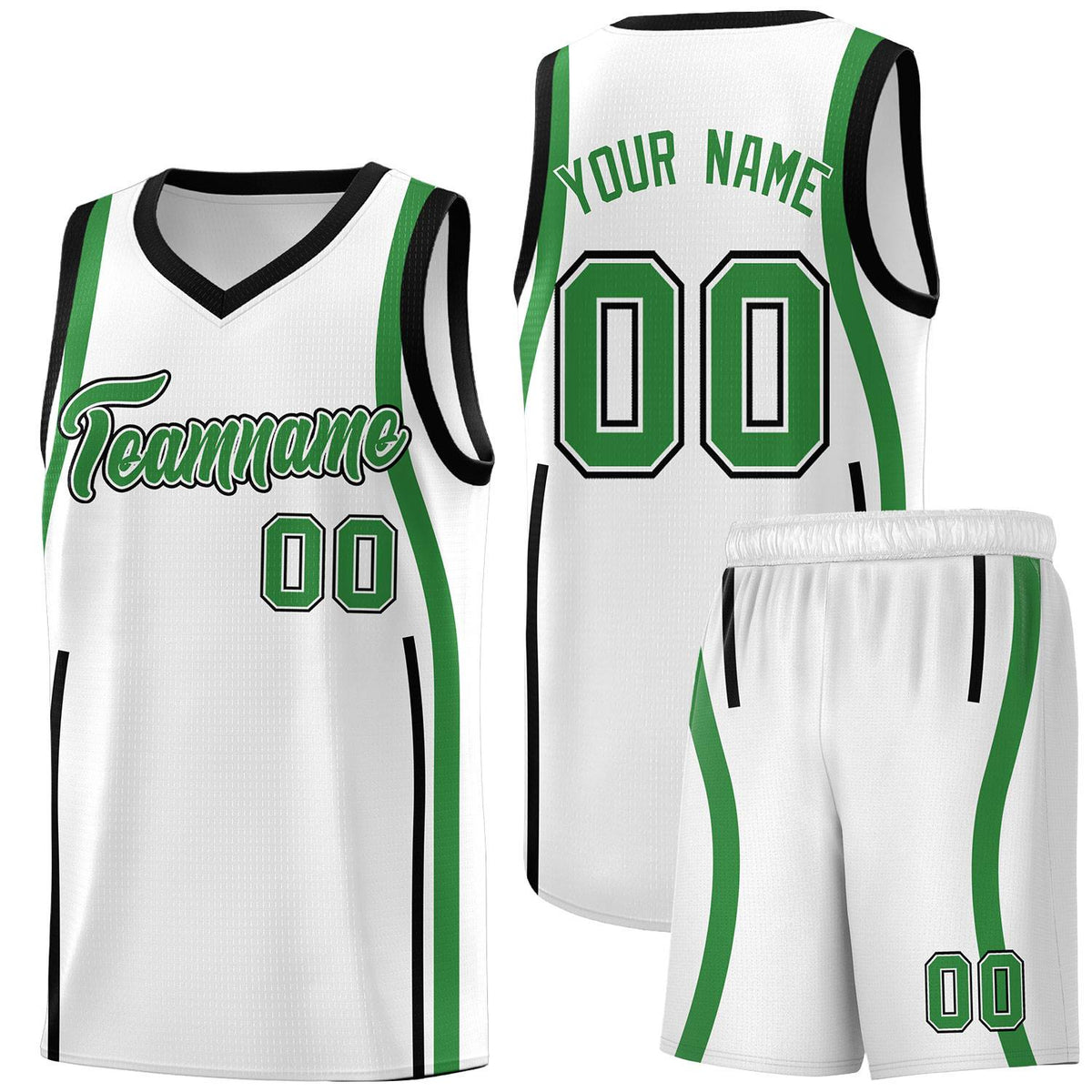 Custom White Kelly Green-White Ribbon Pattern Basketball Kits