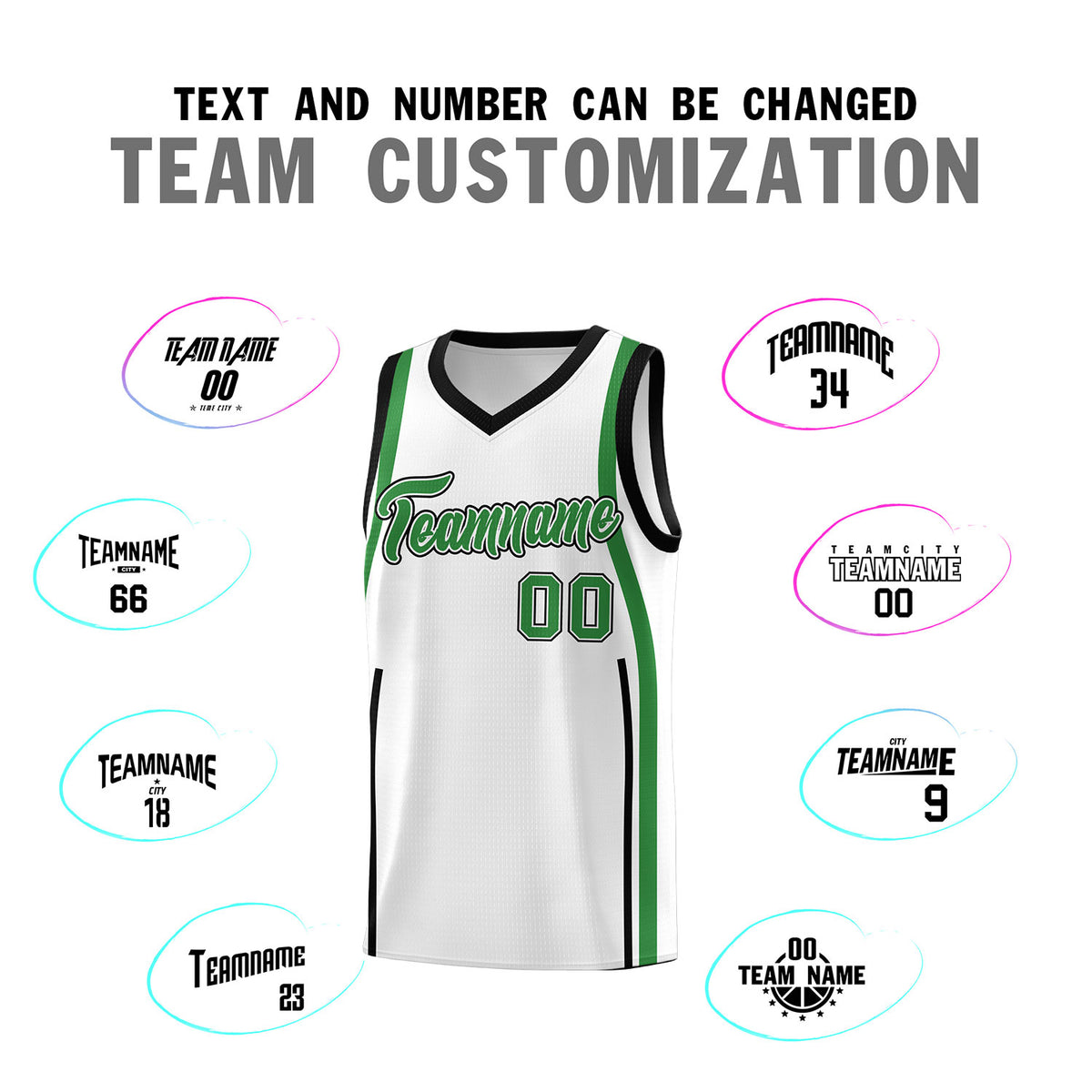 Custom White Kelly Green-White Ribbon Pattern Basketball Kits