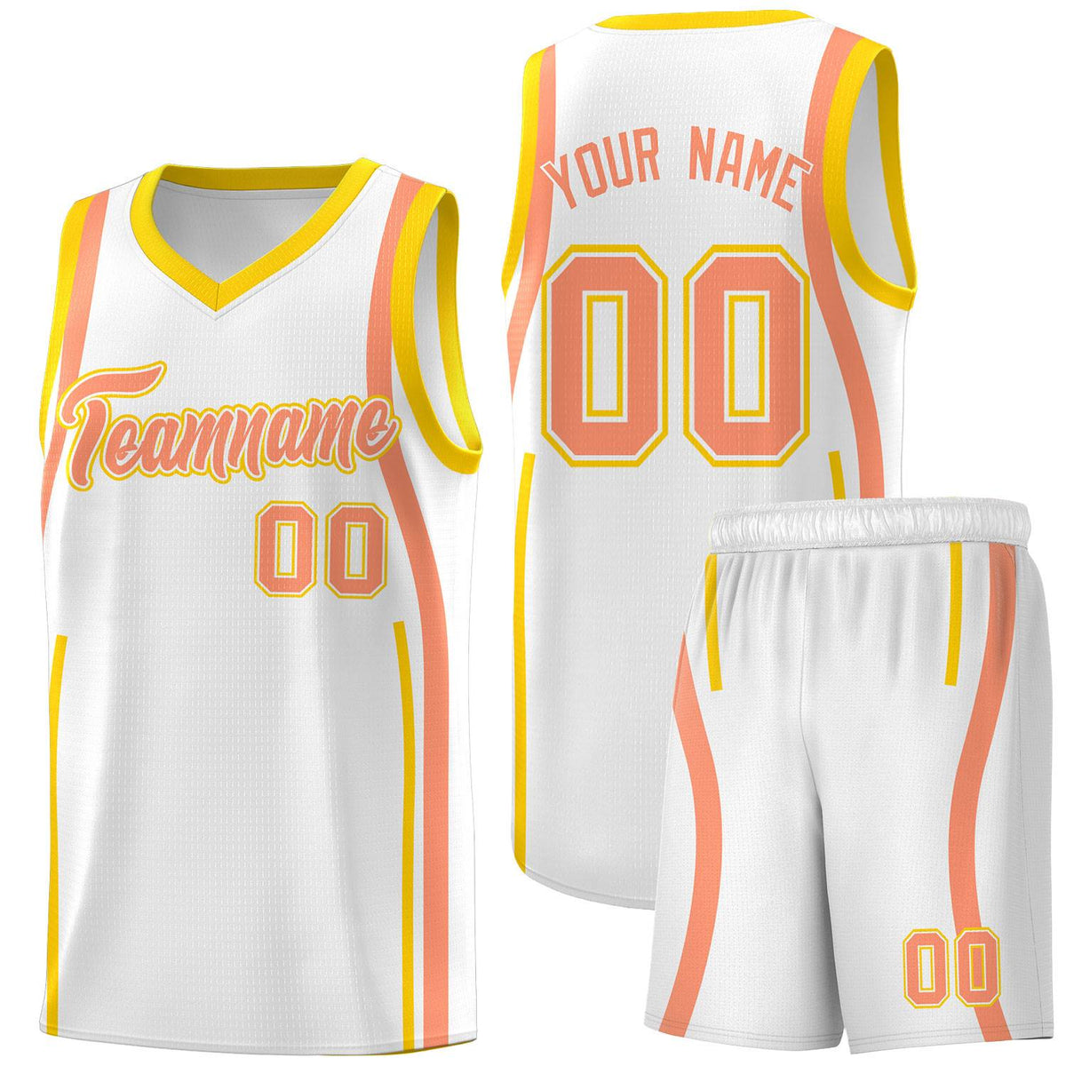 Custom White Light Orange-Gold Ribbon Pattern Basketball Kits