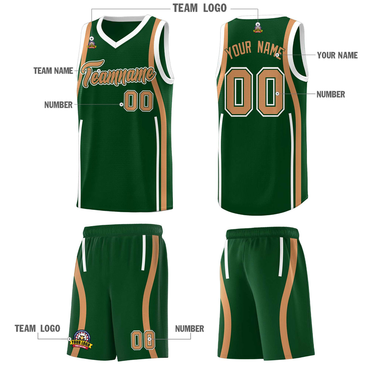 Custom Green Buckskin Brown-White Ribbon Pattern Basketball Kits