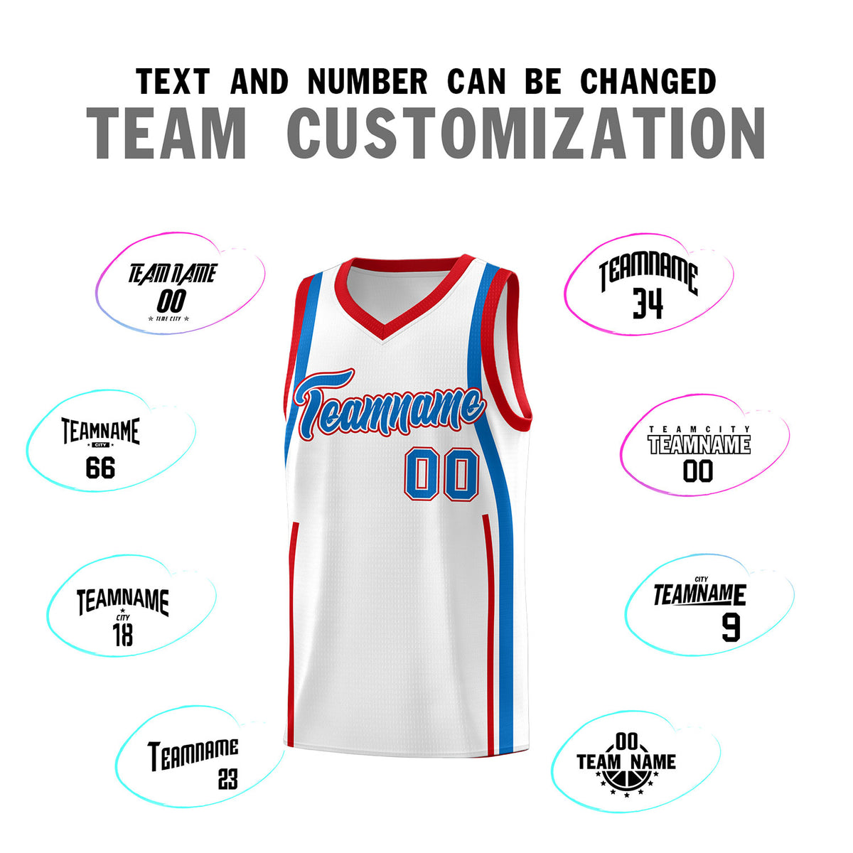 Custom White Royal-Red Ribbon Pattern Basketball Kits