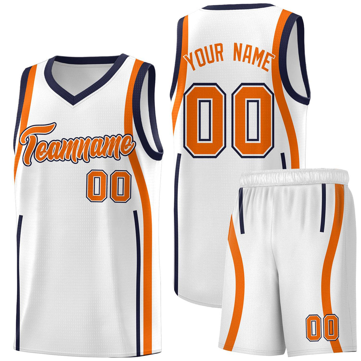 Custom White Navy-Orange Ribbon Pattern Basketball Kits