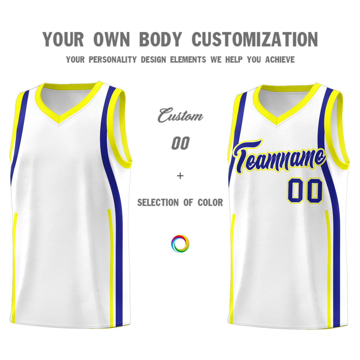 Custom White Royal-Fluorescent Yellow Ribbon Pattern Basketball Kits