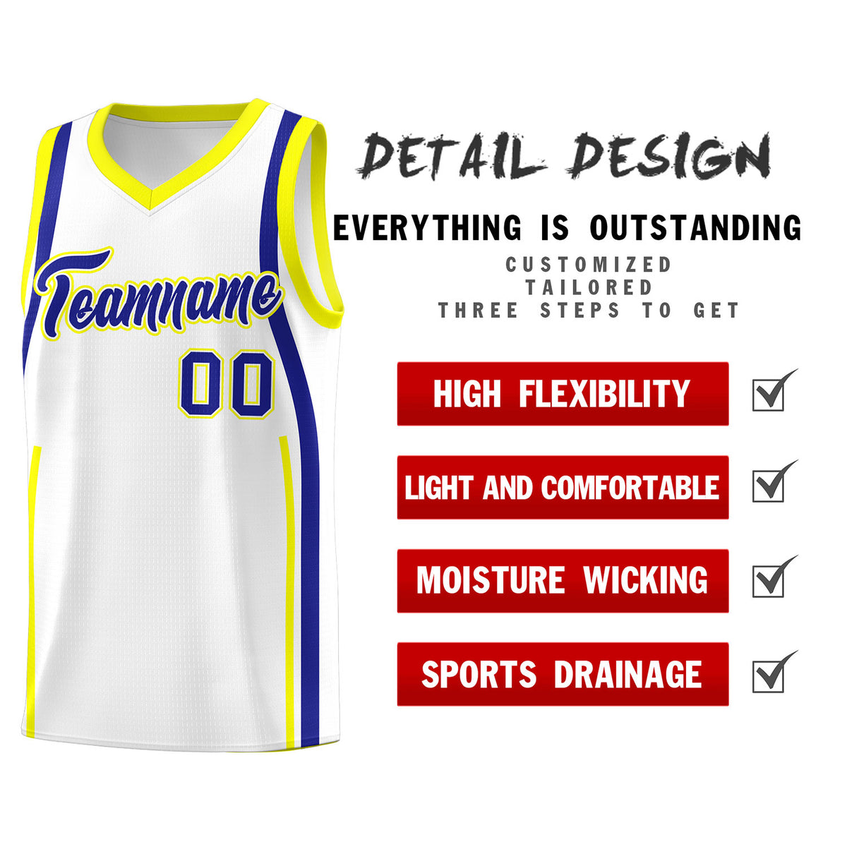 Custom White Royal-Fluorescent Yellow Ribbon Pattern Basketball Kits