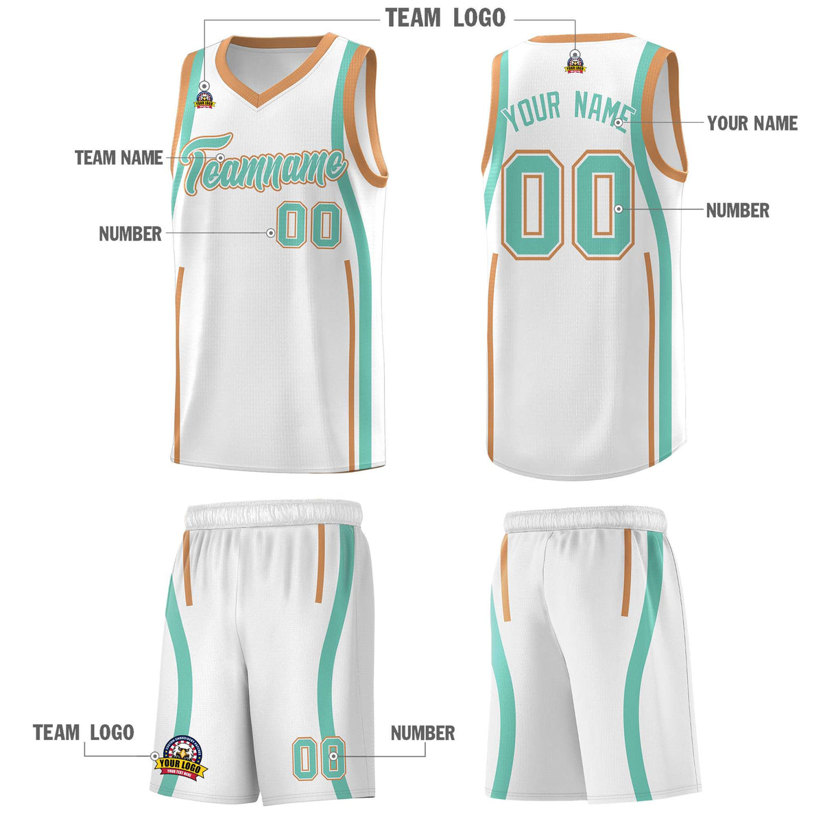 Custom White Bright Green-Buckskin Brown Ribbon Pattern Basketball Kits