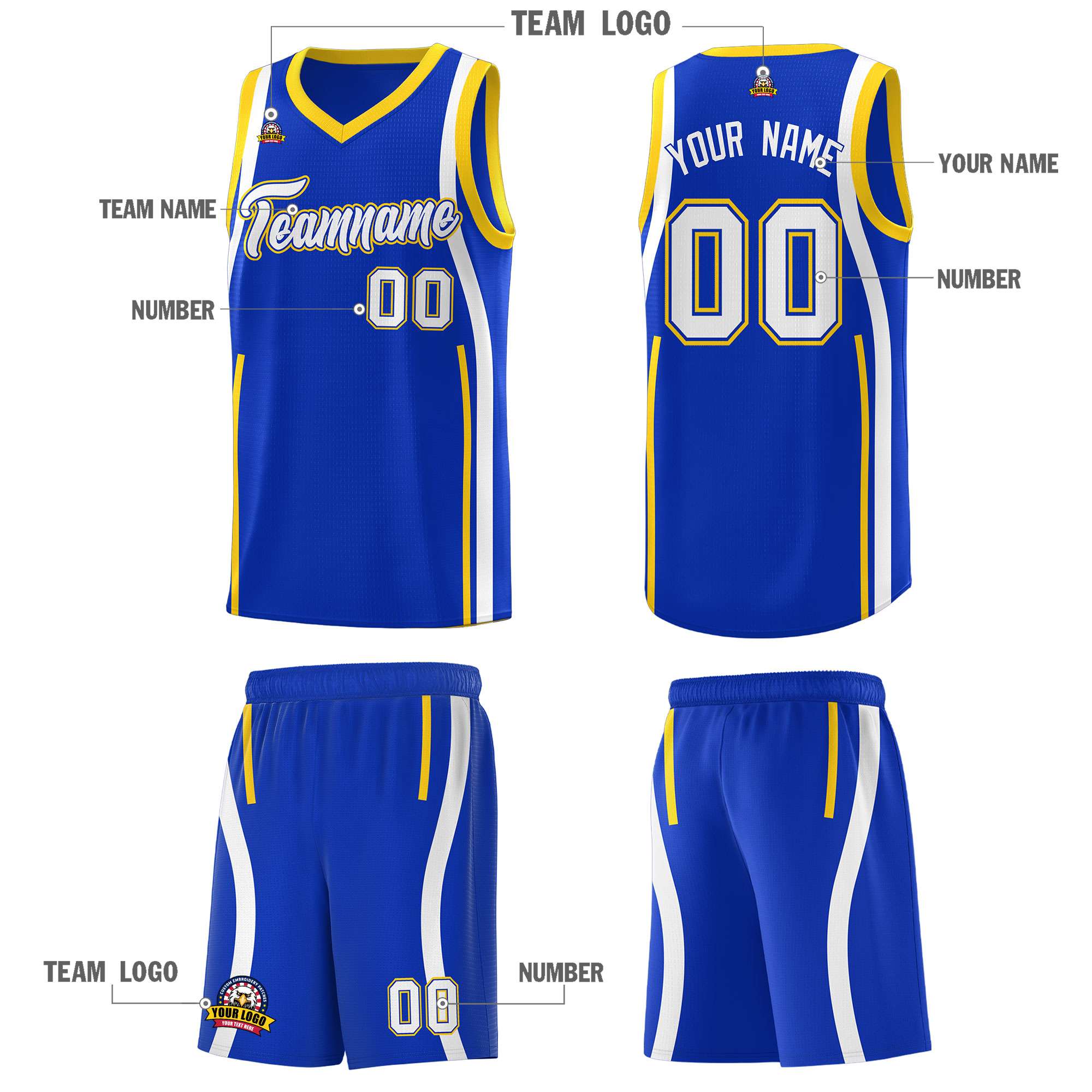 Custom Royal Gold-White Ribbon Pattern Basketball Kits