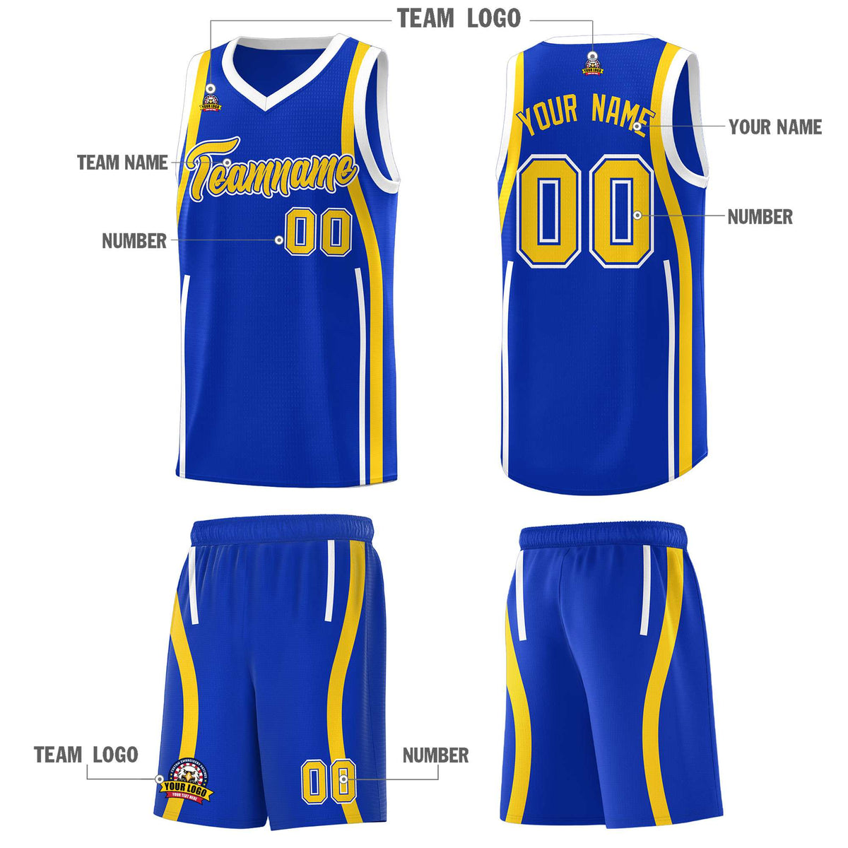 Custom Royal Gold-White Ribbon Pattern Basketball Kits