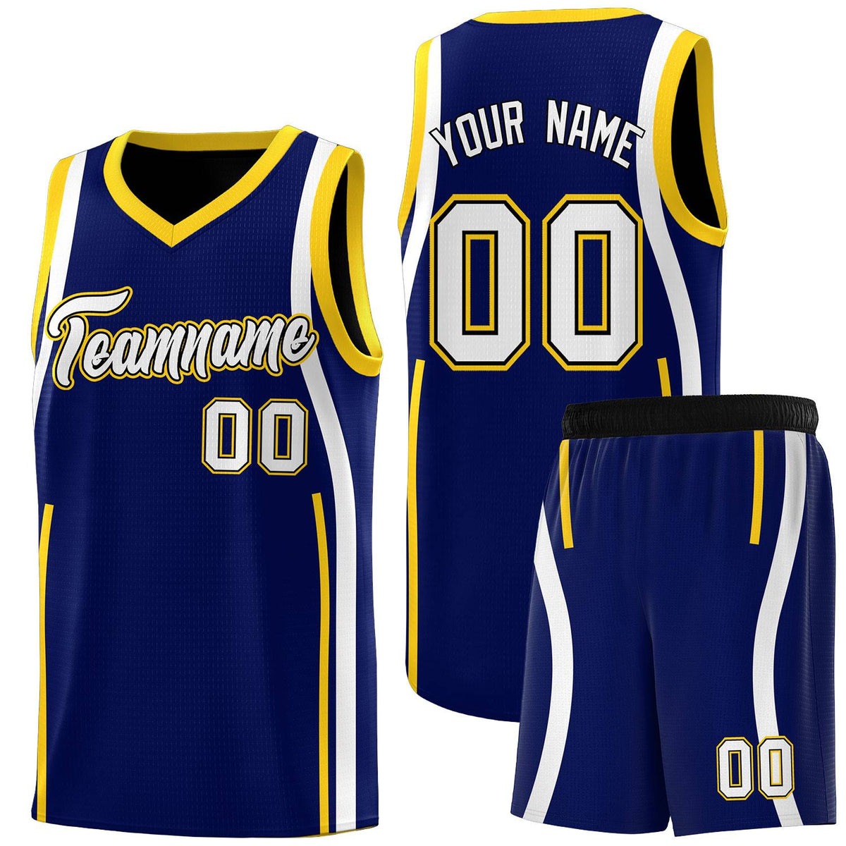Custom Navy Gold-White Ribbon Pattern Basketball Kits