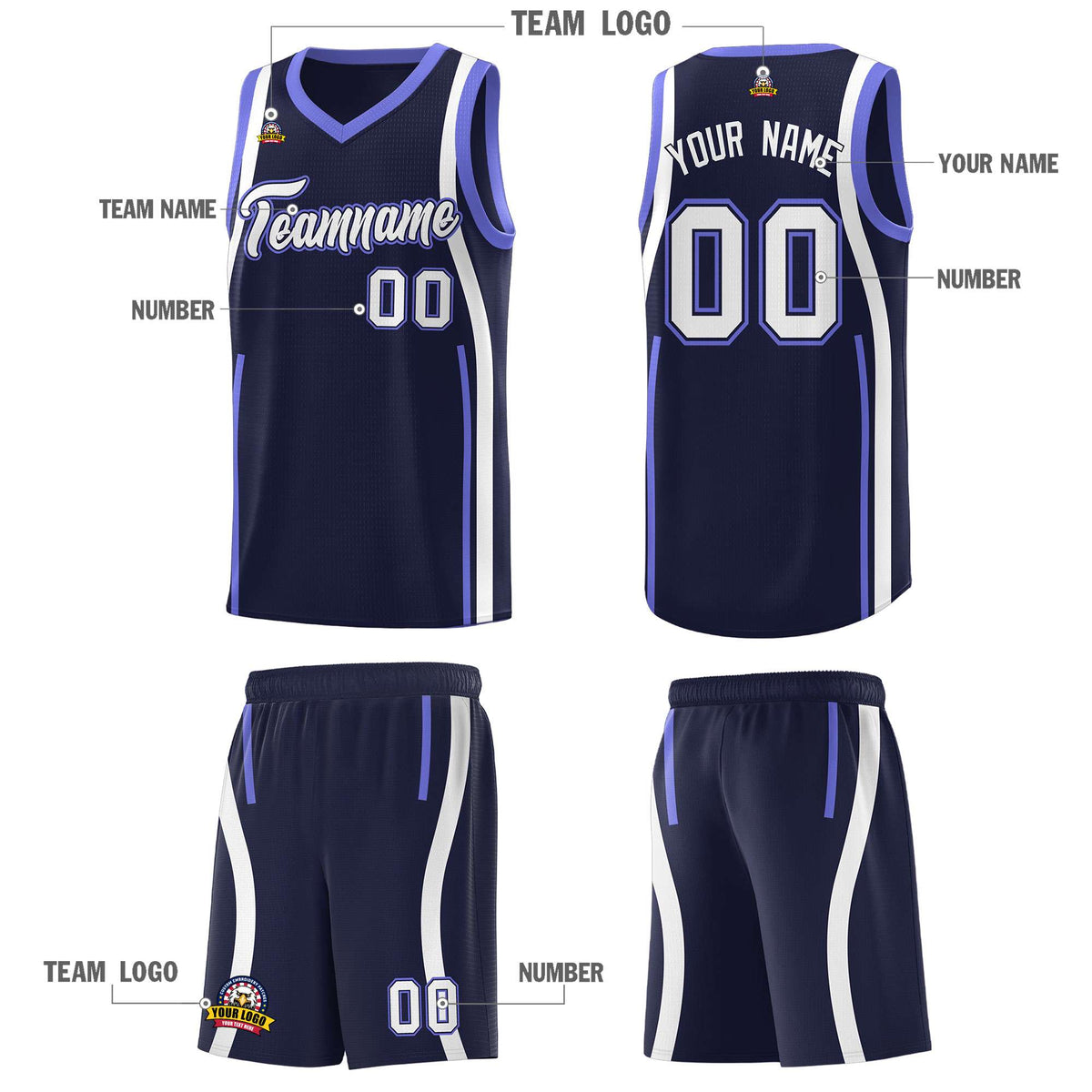 Custom Navy Purple-White Ribbon Pattern Basketball Kits