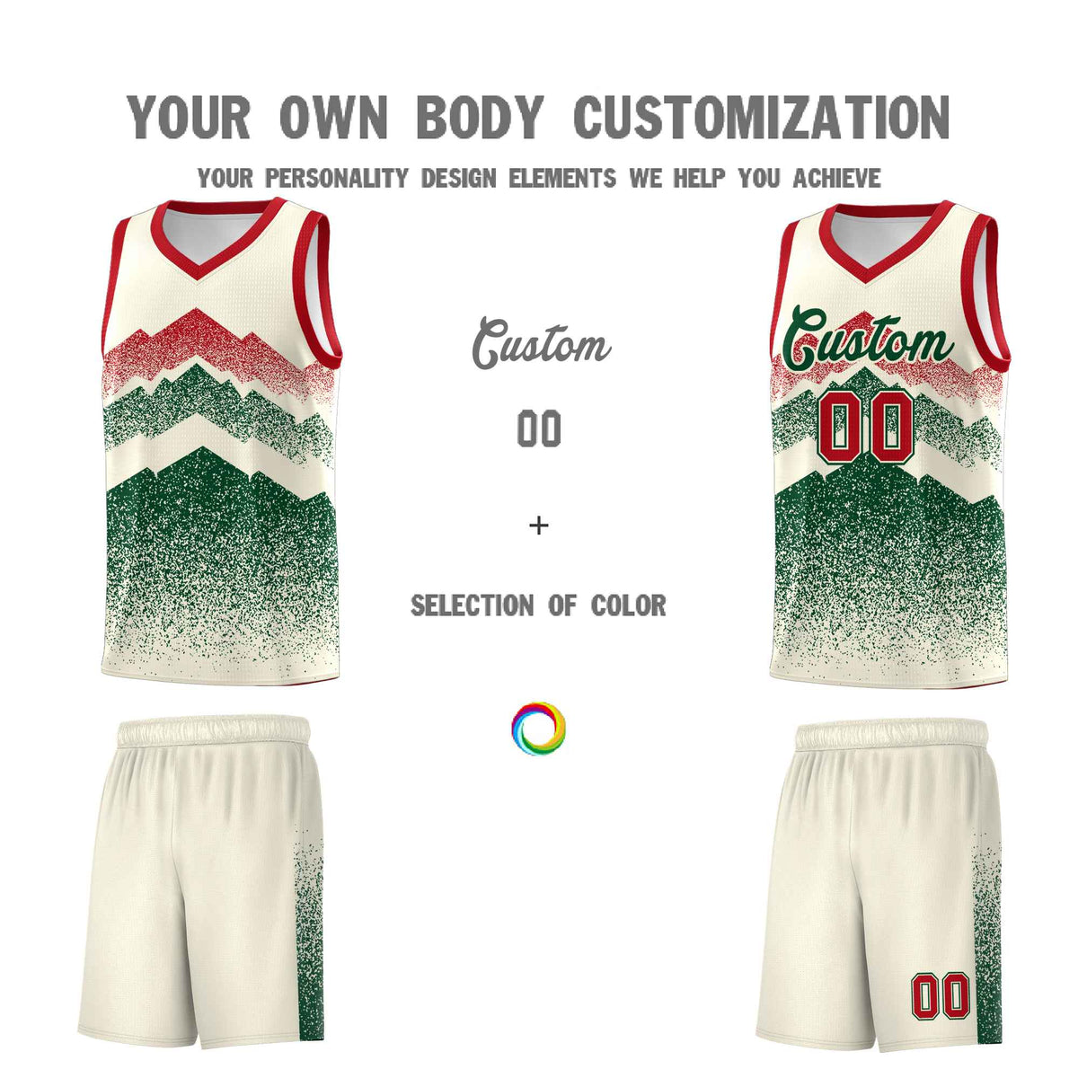 Personalized Youth Basketball Jerseys   Cream Green Gradient Mountain Design Uniforms