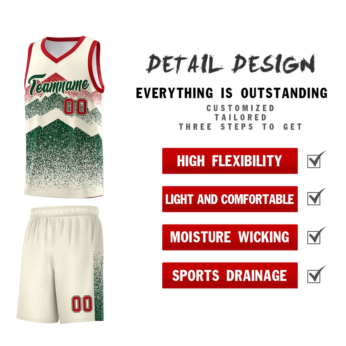 Personalized Youth Basketball Jerseys   Cream Green Gradient Mountain Design Uniforms