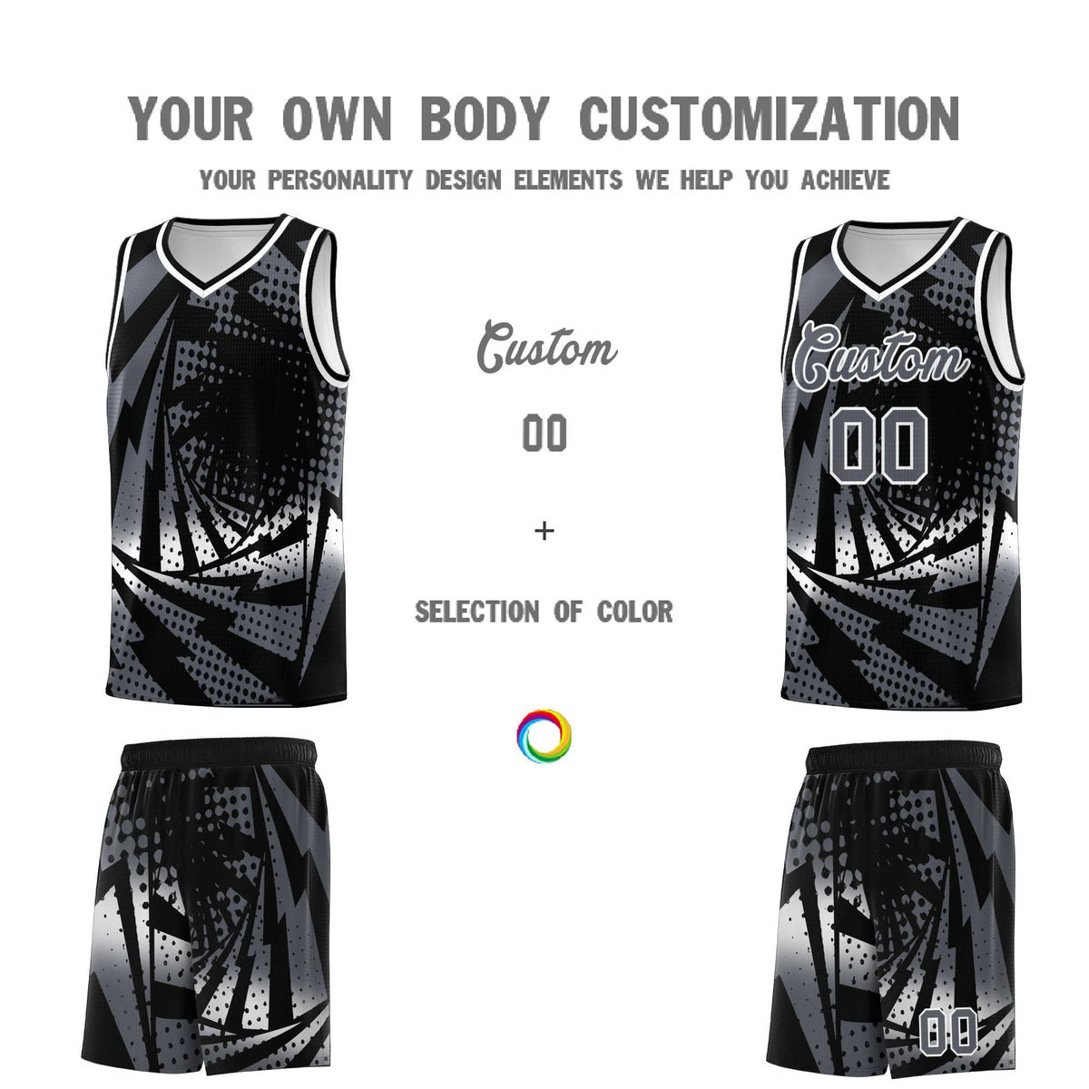Custom Youth Basketball Jerseys Black Dark Gray Lightning Design Halftone Personalized Uniforms
