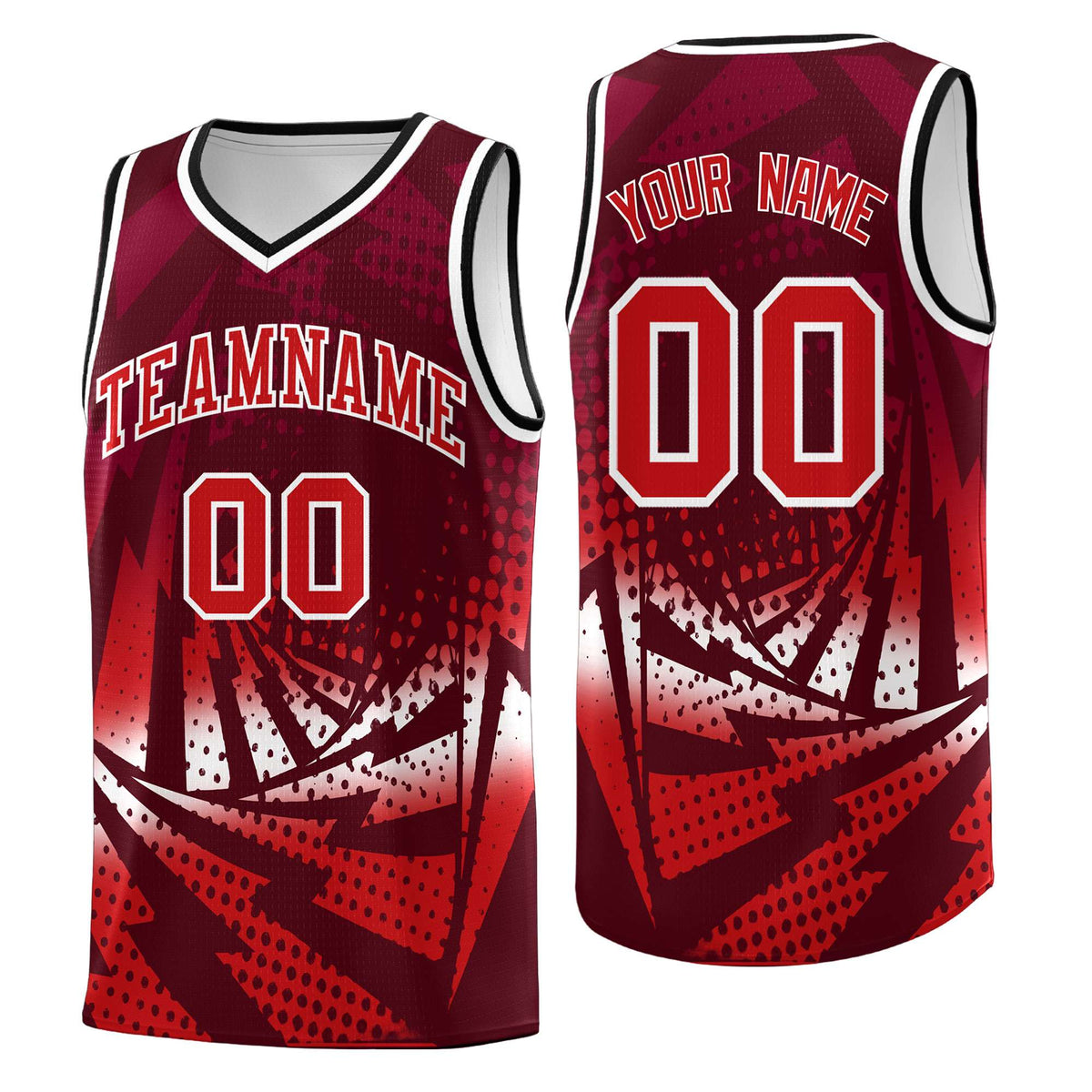 Custom Youth Basketball Jerseys Maroon Red Lightning Halftone Personalized Team Uniforms