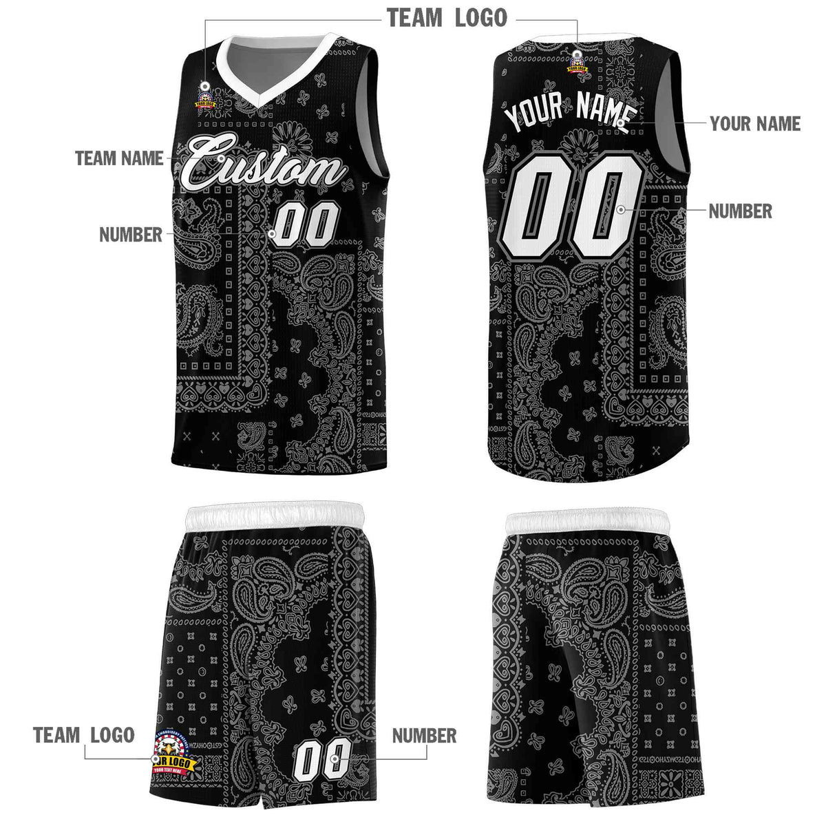 Custom Black Basketball Kits With White Cashew Flower Print Pattern