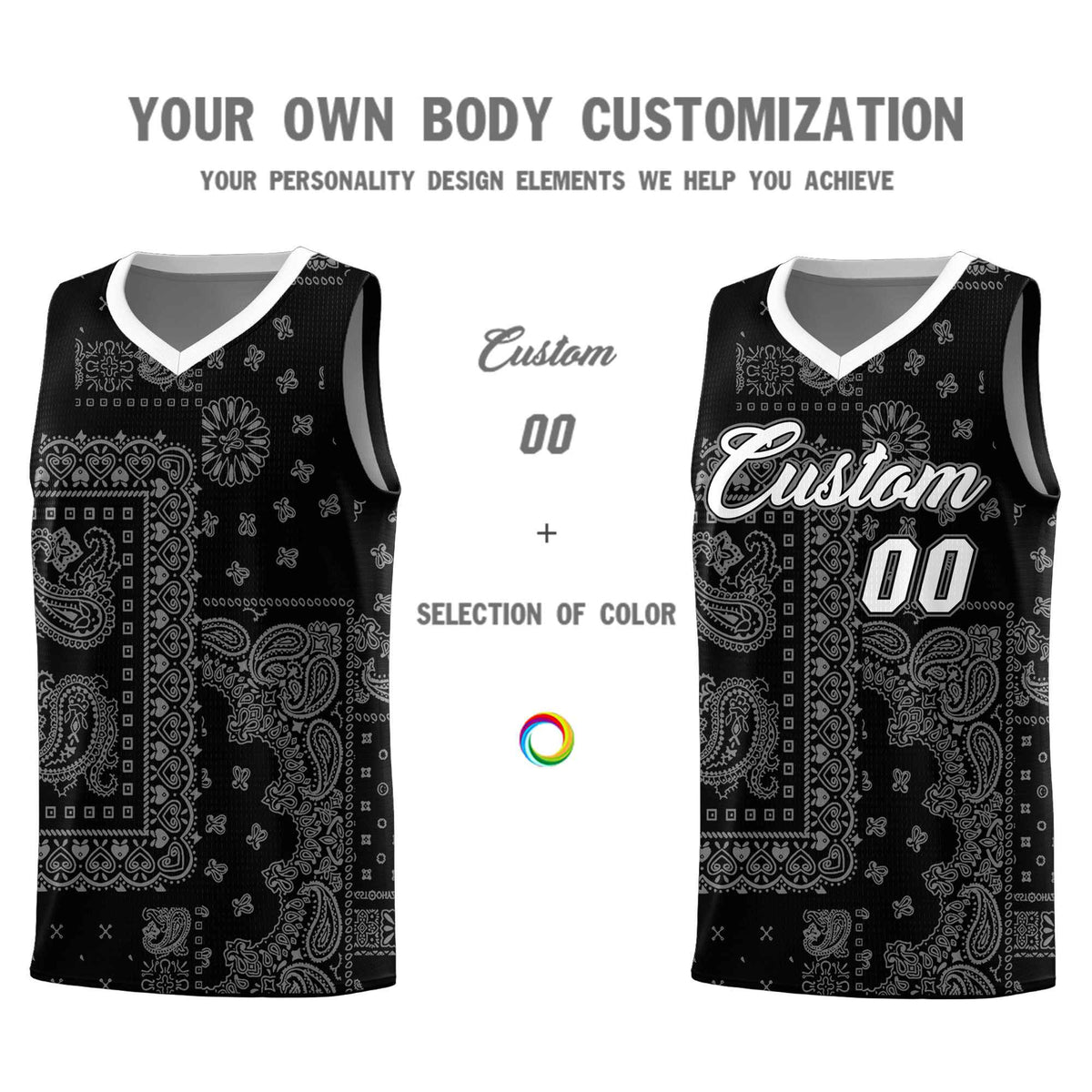 Custom Black Basketball Kits With White Cashew Flower Print Pattern