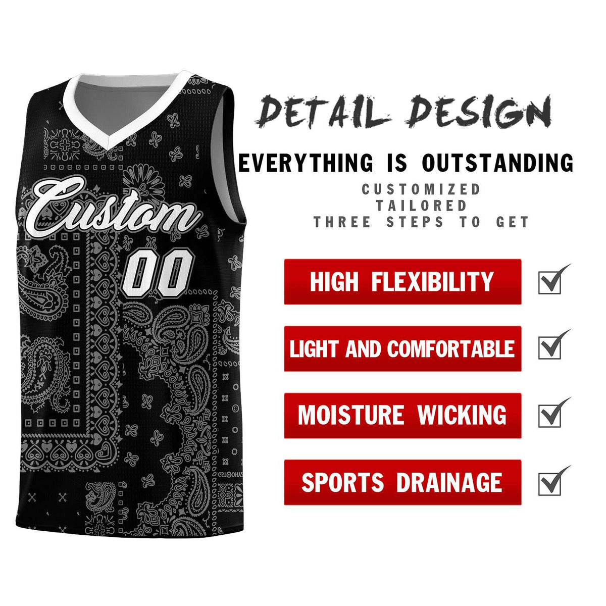Custom Black Basketball Kits With White Cashew Flower Print Pattern