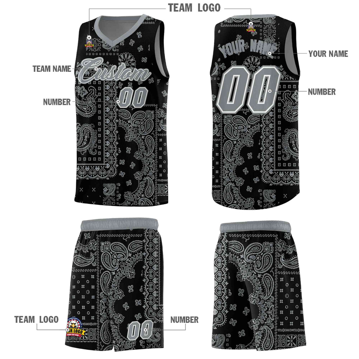 Custom Black Basketball Kits With Silver Cashew Flower Print Pattern